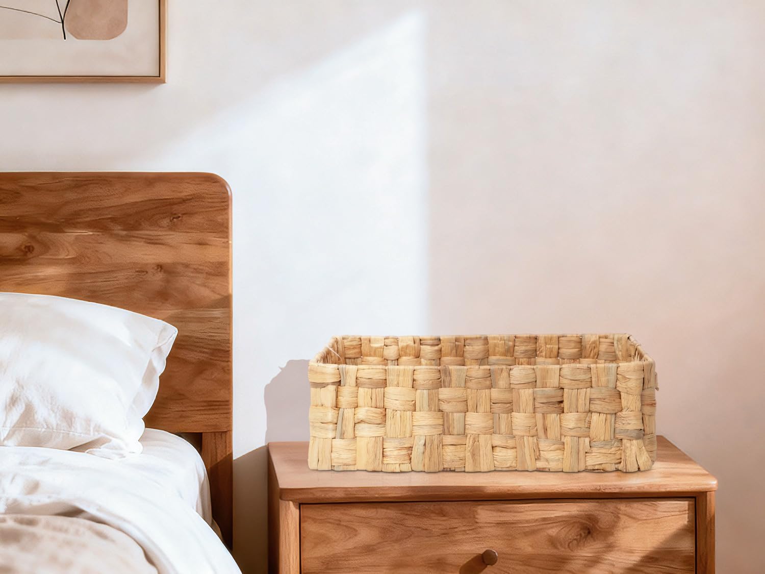 YAHUAN Water Hyacinth Storage Basket Handwoven Wicker Shelf Basket, Shallow Basket Tray Organizer with Handles for Home