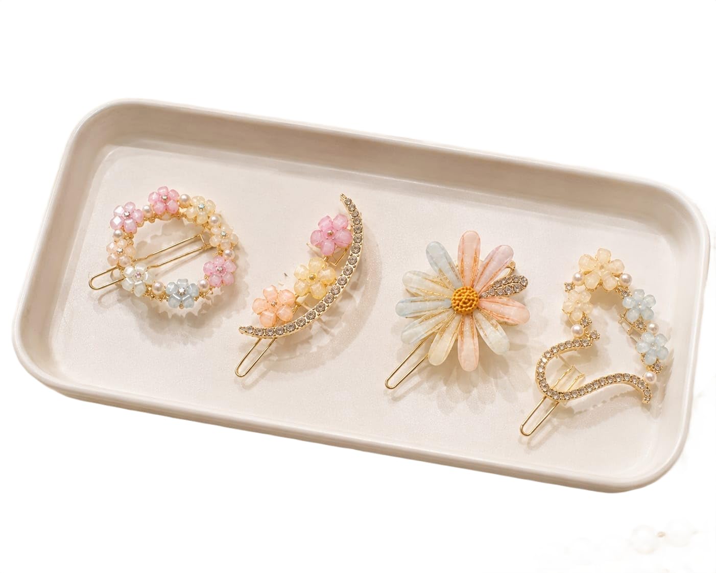Floral Hair Clips Set with Rhinestone and Pearl Embellishments | 4 Piece Set, Daisy & Moon Shapes, Gold-Tone Finish, Women & Girls, Pastel Colours-image-19