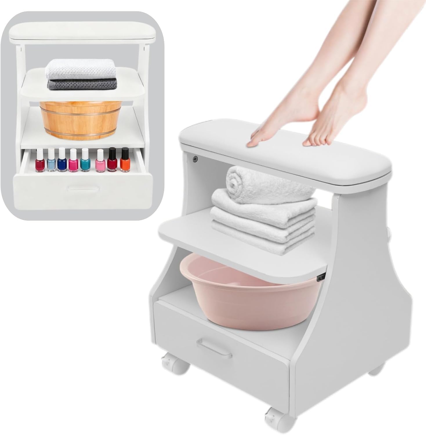 3-stopniowy wózek do manicure, kąpiel stóp, spa, wózek na kółkach z szufladami i 4 uniwersalnymi rolkami, wózek do manicure, do pielęgnacji stóp o nośności 50 kg, do masażu pedicure, 52 x 41 x