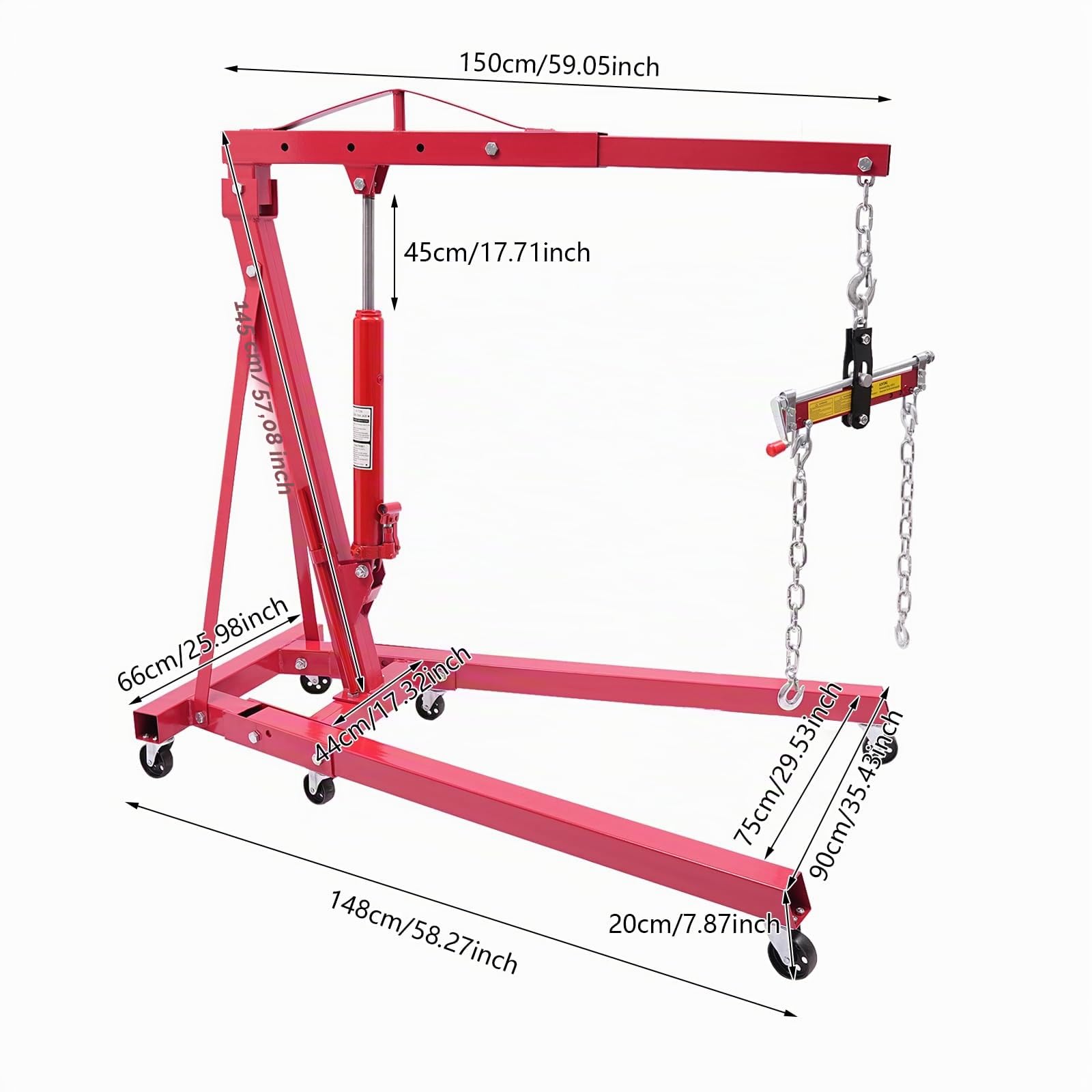 Grue hydraulique pliante 2T - Grue d'atelier avec compenseur de moteur - Charge maximale : 4409 lbs - Grue à moteur pliable pour atelier automobile, industrie et entrepôt - Avec traverse