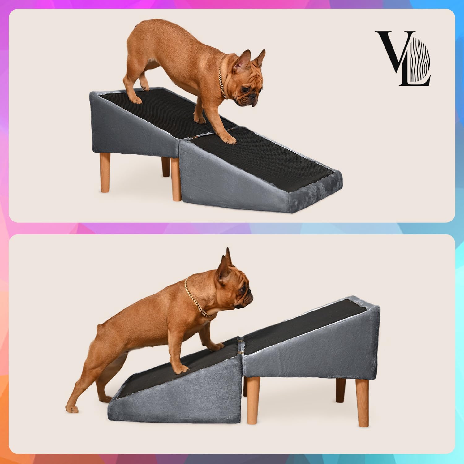 VELORA H&L Hunderampe Dunkelgrau - 2in1 Hundetreppe und Sitzhocker, Klappbare Einstiegshilfe für Sofa und Bett, Stabile Holzkonstruktion mit Veloursbezug, rutschfeste Lauffläche für Hunde und Katzen
