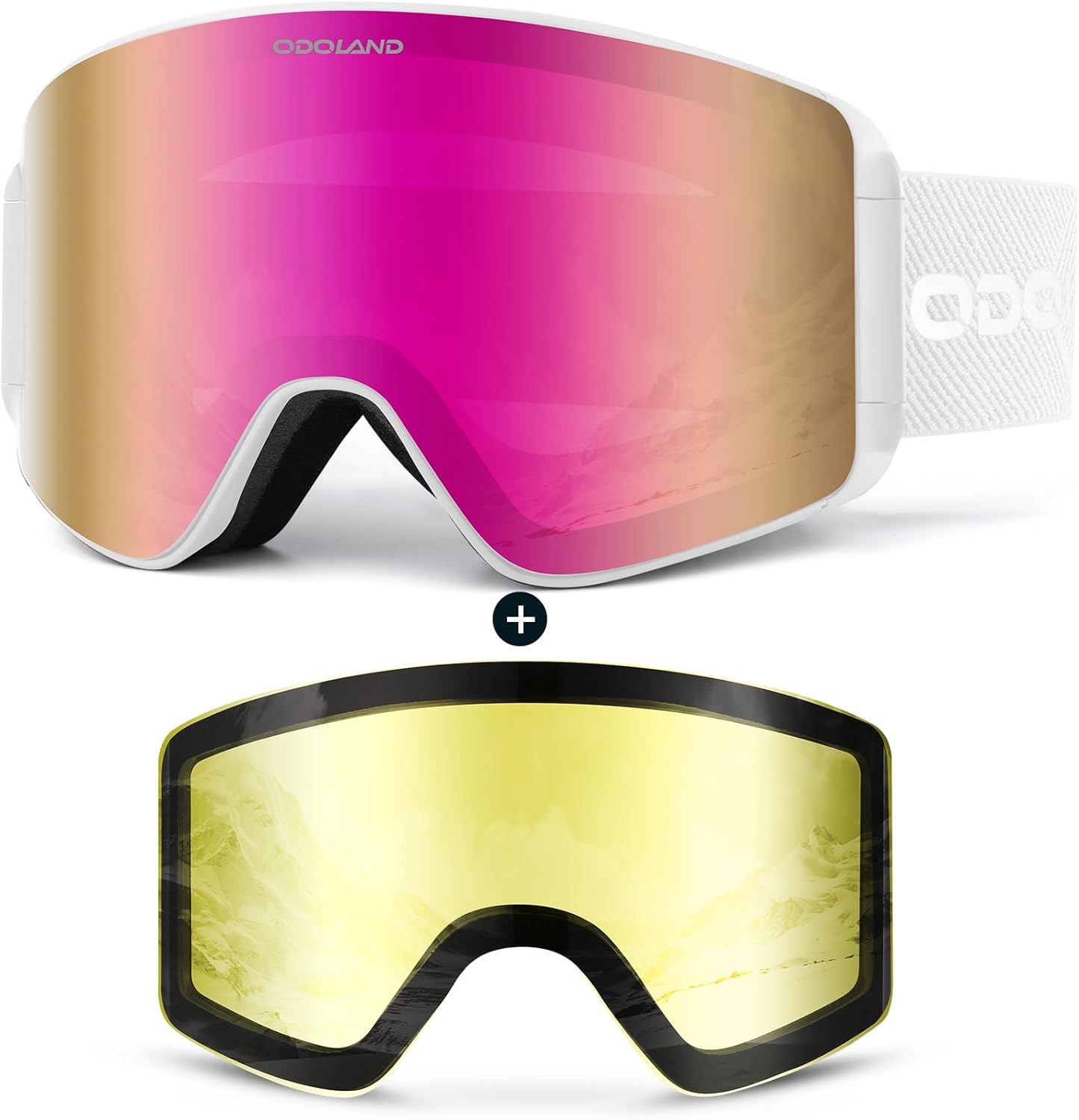 Odoland Ski Goggles with Detachable Lens, Frameless Interchangeable Lens Anti-Fog 100% UV Protection Snowboard Snow Goggles