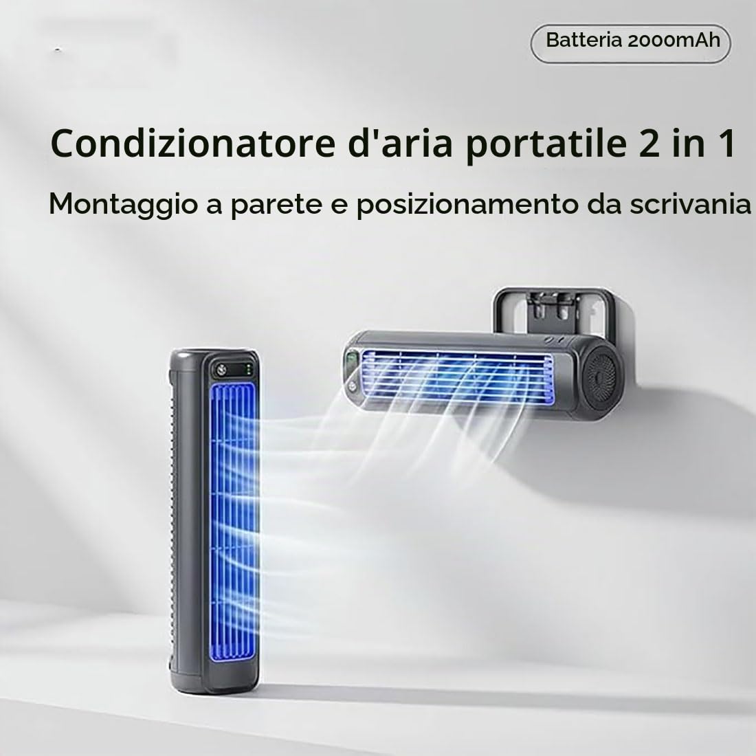 Coolizi Cooling Ace, Raffreddamento Ace Condizionatore D'aria Portatile, 3 Modalità Regolabili e Display a Led, Parete Portatile Piccolo Ventilatore per Casa Ufficio Camera da Letto Viaggio (Grigio)