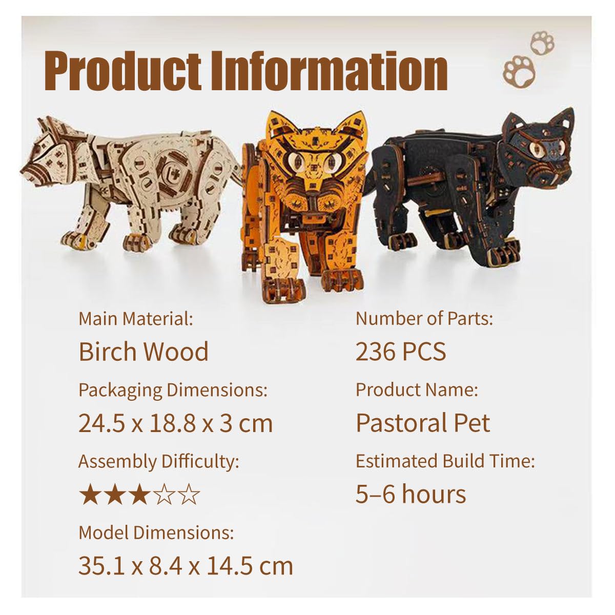 Drewniane puzzle 3D dla dorosłych, mechaniczne kot, 3D, zestaw do montażu, 236 szt., drewniane puzzle dla zwierząt domowych, do samodzielnego wykonania, modelarstwo, rzemiosło, zestaw do