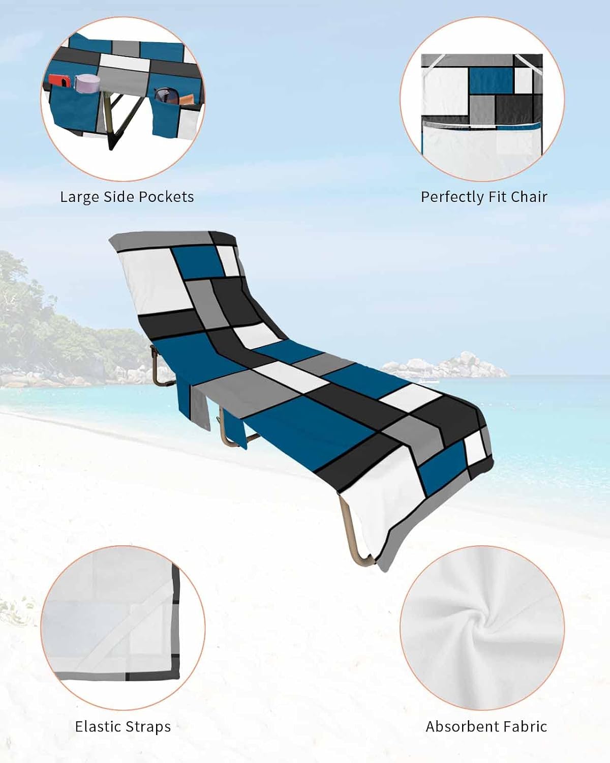 Blue Black Beach Pool Patio Lounge Chaise Chair Cover Towel With Pockets,Absorbent & Quick Dry Microfiber Towel Cover Bag Summer Sunbathing Accessories Abstract Middle Century Geometric Morocco Plaid