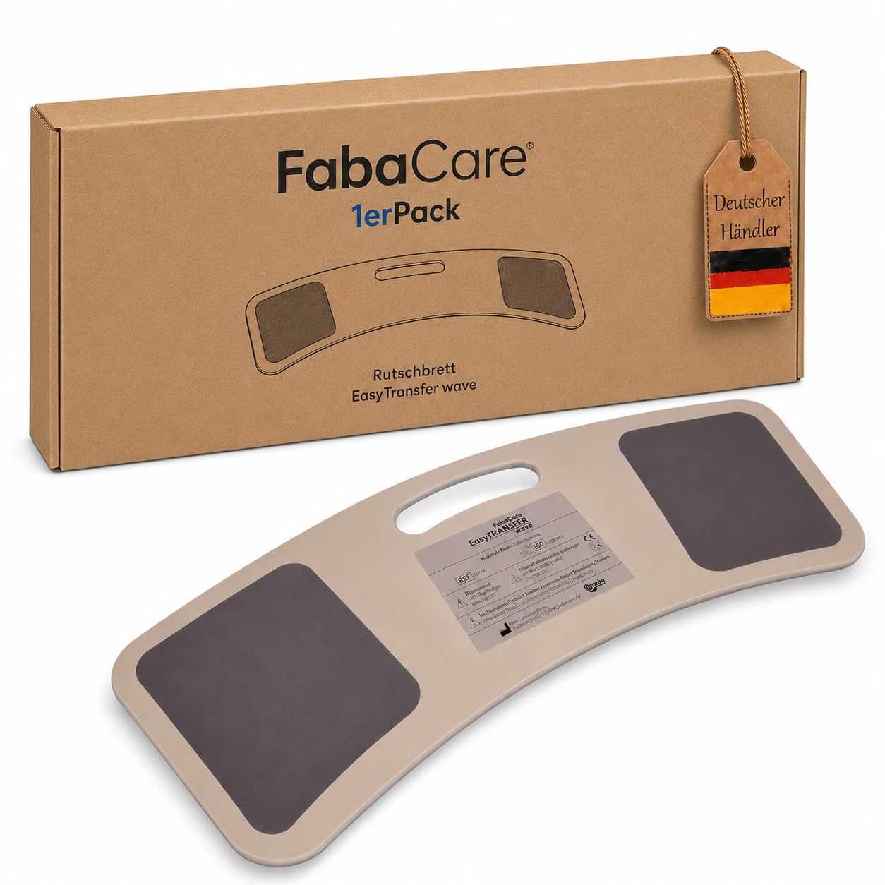 FabaCare Rutschbrett für Rollstuhlfahrer EasyTransfer wave, Rollstuhlbrett, Transferbrett, Umsetzbrett gebogen mit Griff, Transferhife vom Rollstuhl, Auto und Bett, bis 130 kg, Länge 67 cm