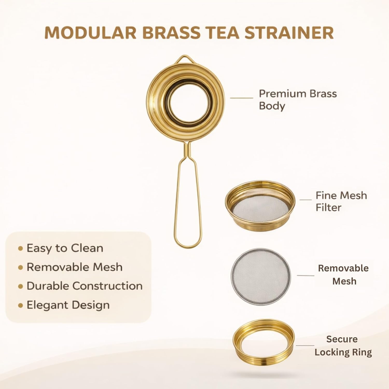 Cleevora Brass Tea Strainer with Handle | Chai channi pital | Loose Leaf Tea & Coffee Steeper peetal | Fine Mesh Eco-Friendly Filter | Durable Reusable Chai Strainer for Kitchen & Gifting 2