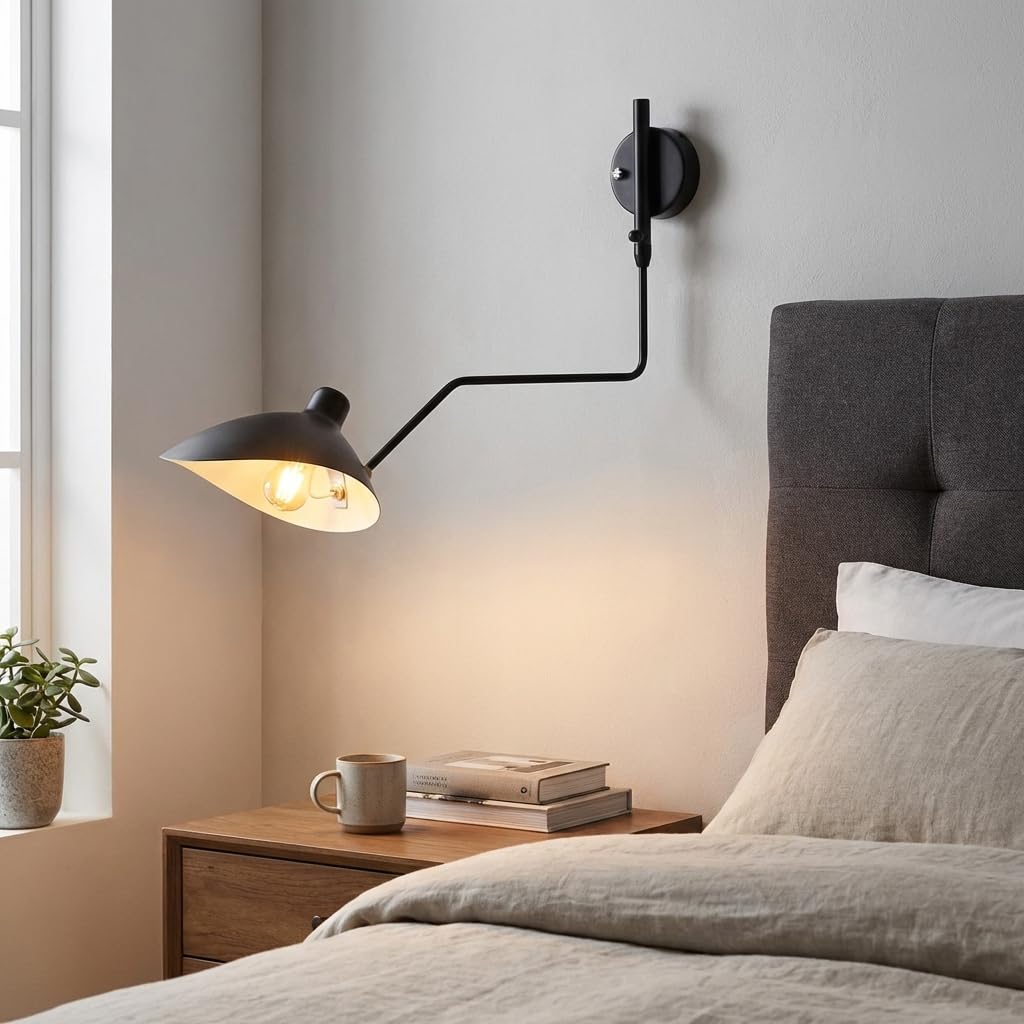 BARCELONA LED Applique da Parete Grande in Ferro Nero Stile Classico Moderno Vintage di Lusso, Braccio e Paralume Orientabili, Attacco E27, Lampada da Parete Design per Interni