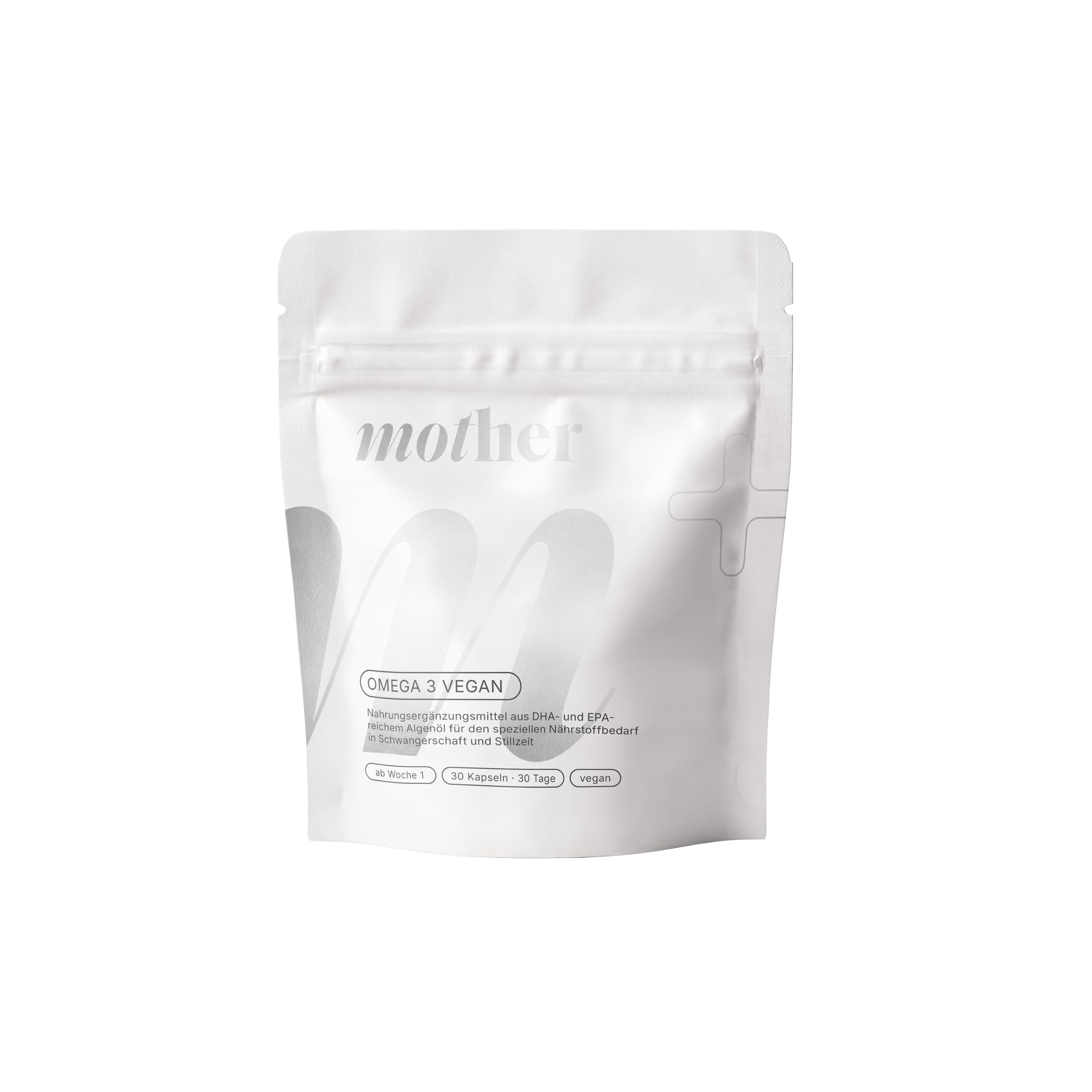 mother+ Omega-3 vegan Mono – Hochwertiges Omega-3 aus Algenöl/Mit DHA & EPA für Schwangerschaft, Stillzeit & Mama-Gesundheit / 100% vegan & nachhaltig