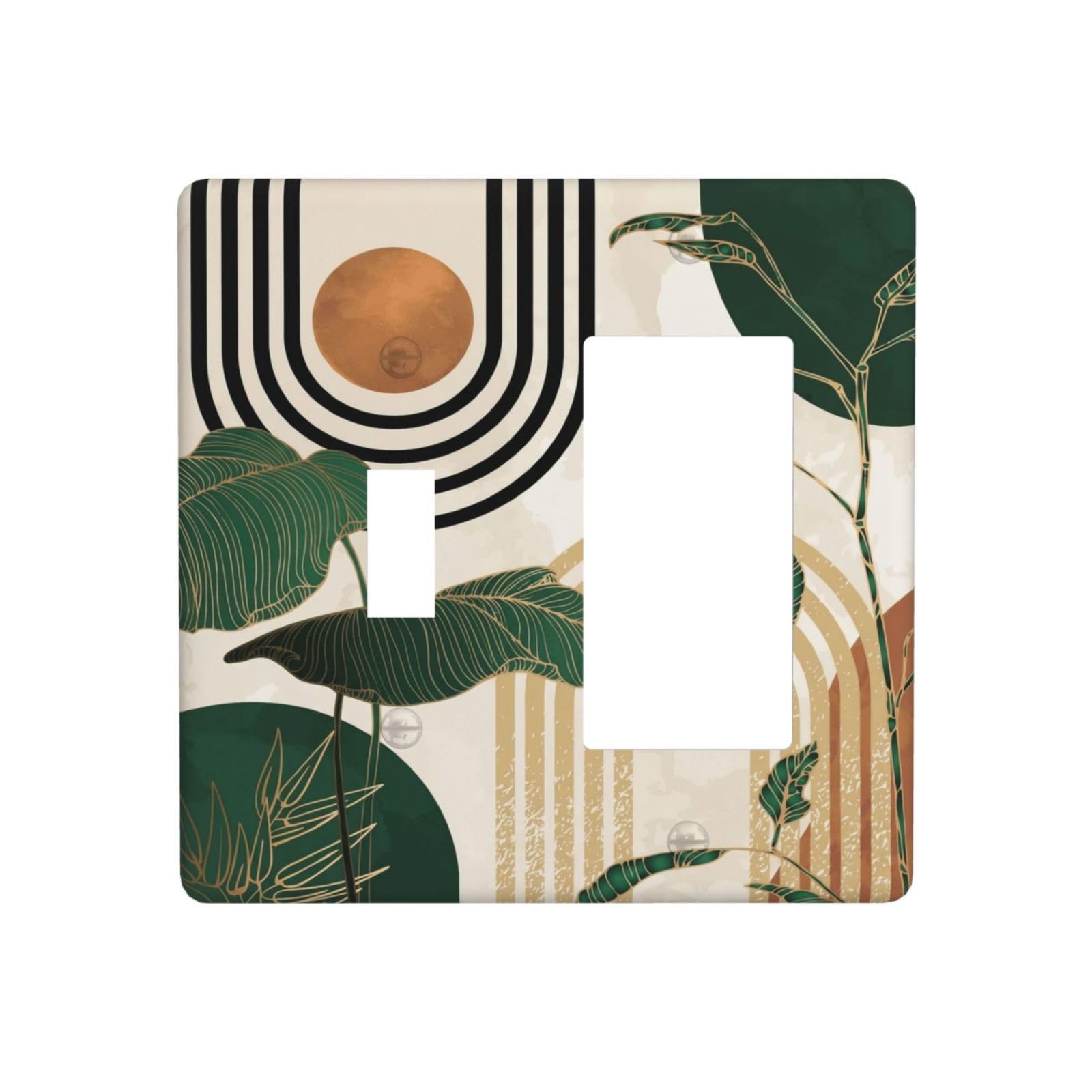 Mid Century Green Boho Sun Leaf 2 Gang Single Toggle/Rocker Combination Light Switch Cover Decorative Combo Switch Wall Plate Cover Electrical Faceplate Room Decor