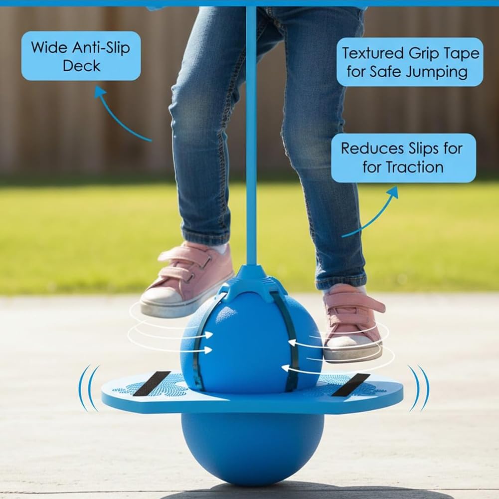 Pogo Jumper Ball for Kids & Adults, Balance Jumping Ball with Handle and Pump, Bounce Jump Trick Board, Strong Grip Deck Sticks for Boys & Girls, Exercise Balance Coordination Ability (Blue)