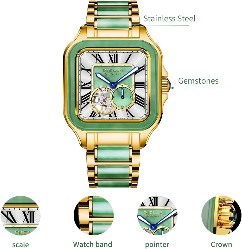 Diella Watches for Men, Mens Watches Waterproof Date Luminous, Dial is Inlaid with Emerald Jade, Crown with Sapphire Automatic Watches for Men Highend Luxurious Gift