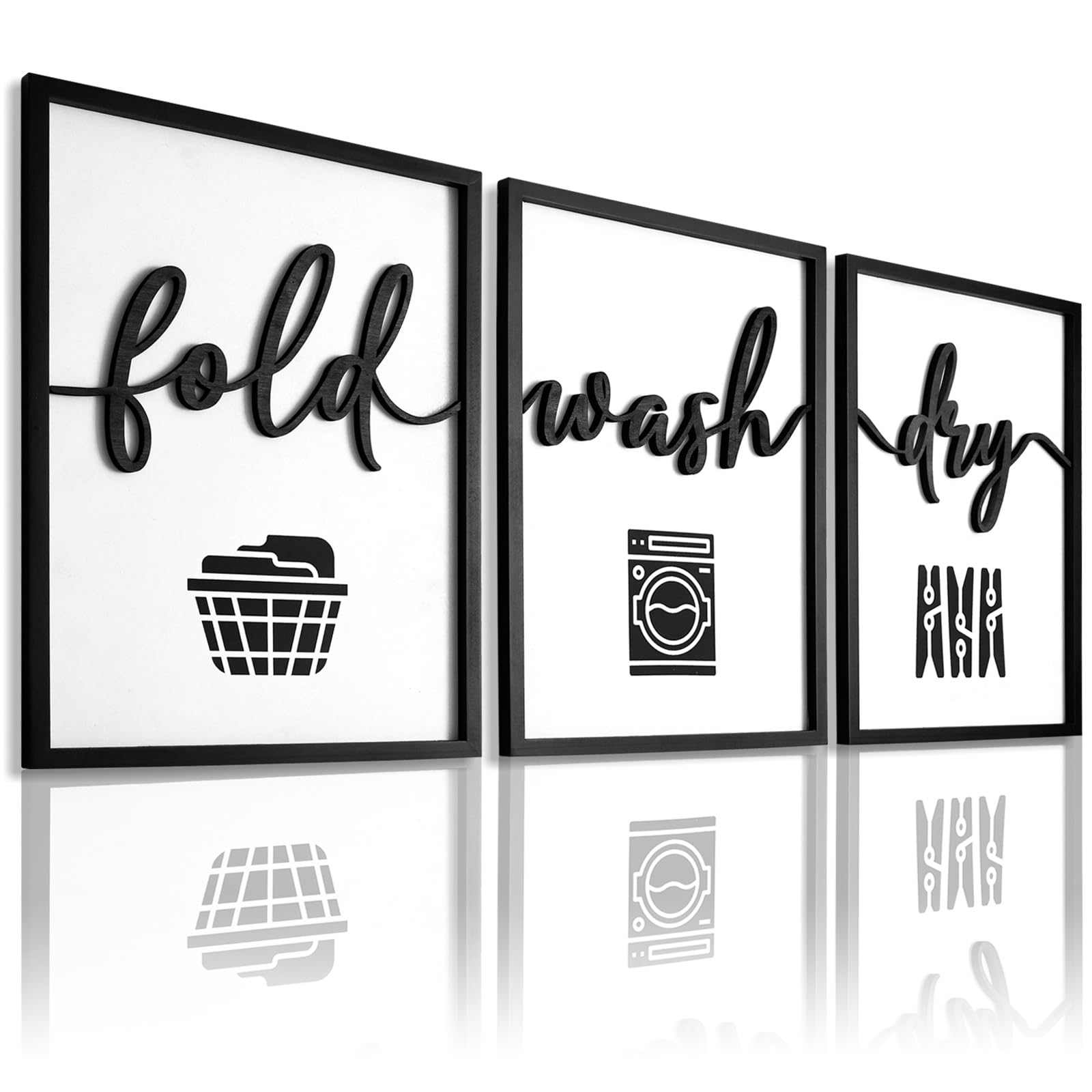 View 1 of 3D Wood Laundry Room Wall Decor, 36" x 16" Framed Laundry Room Wall Art, 3D Laundry Signs for Room Decor (Ready to Hang, Set of 3, Framed)