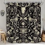 MESHELLY Black Skull Shower Curtain 60Wx72H Gothic Goth Skeleton Bone Spooky Mystic Western Bathroom Curtain Vintage Cool Funny Bull Moth Moon Bath Curtain Bathroom Accessories Decor with 12 Hooks