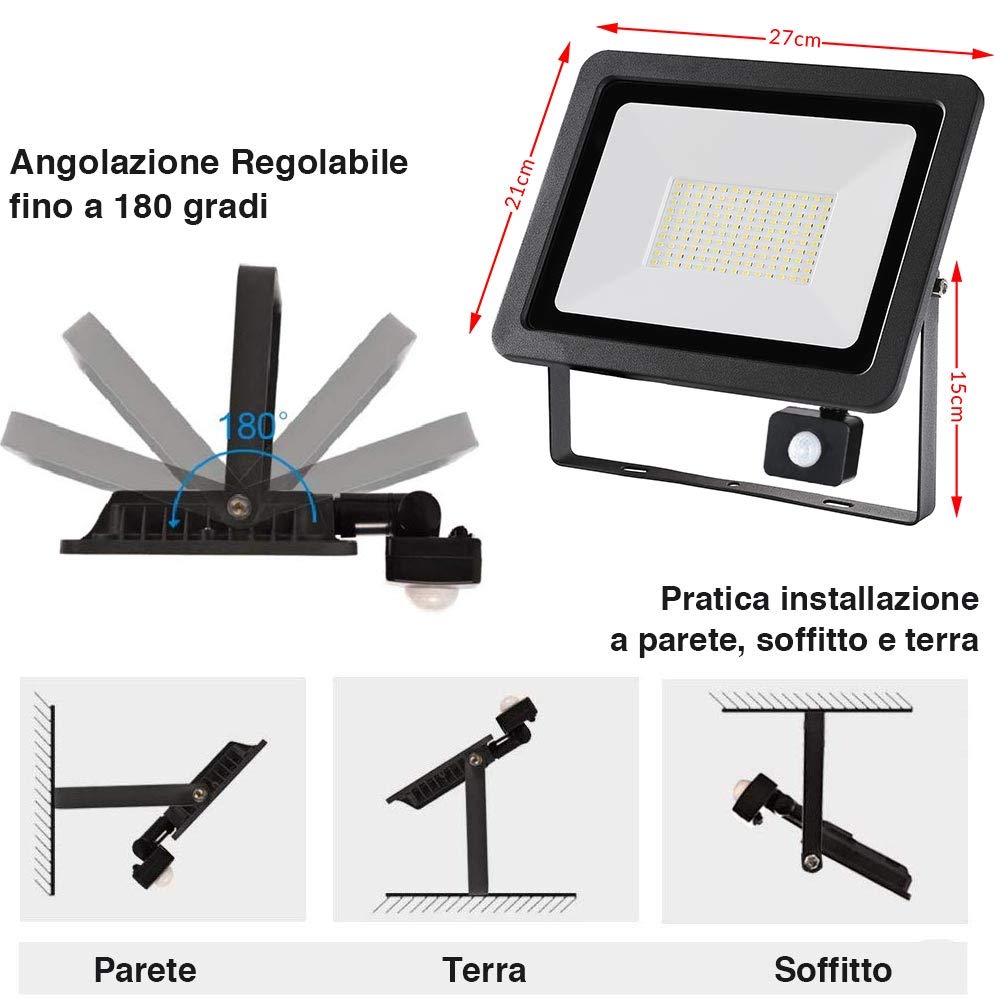 BAKAJI Faro Led Esterno con Sensore di Movimento PIR Regolabile 100W Luce Bianco 6000K Ultra-Luminoso 8000LM Lampada Faretto Slim da Giardino Illuminazione di Sicurezza Faretti Impermeabile IP65