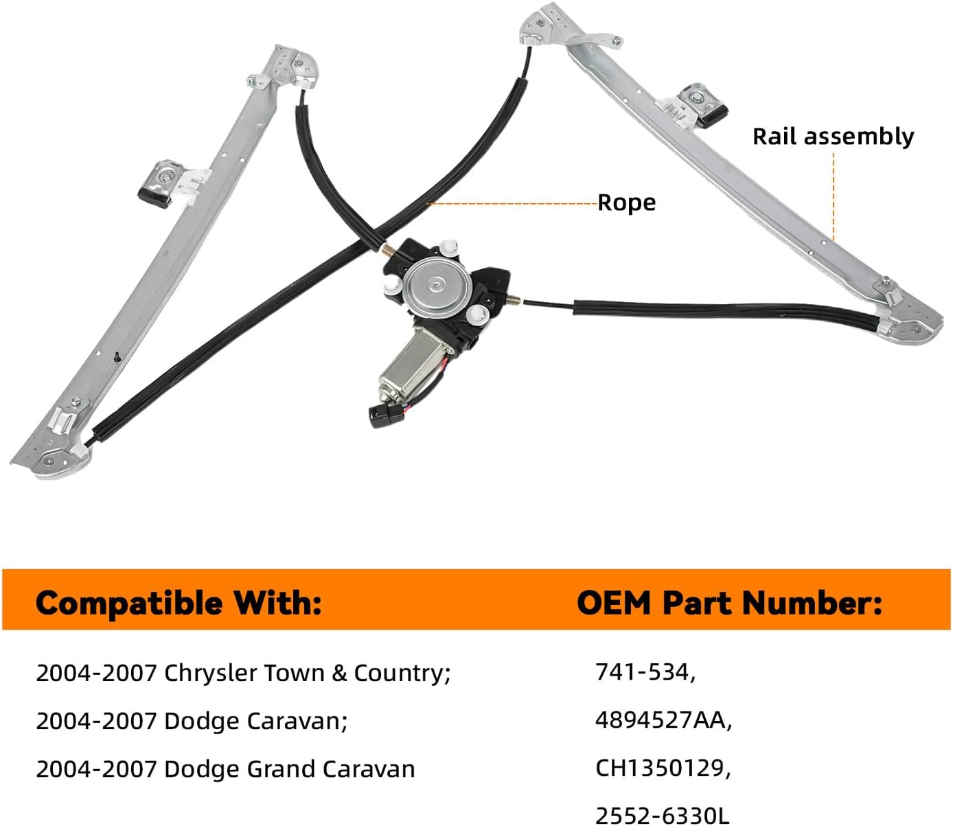 Front Left Driver Side Power Window Regulator with Motor Assembly - Compatible with 2004-2007 Chrysler Town & Country Dodge Caravan Grand Caravan - 741-534