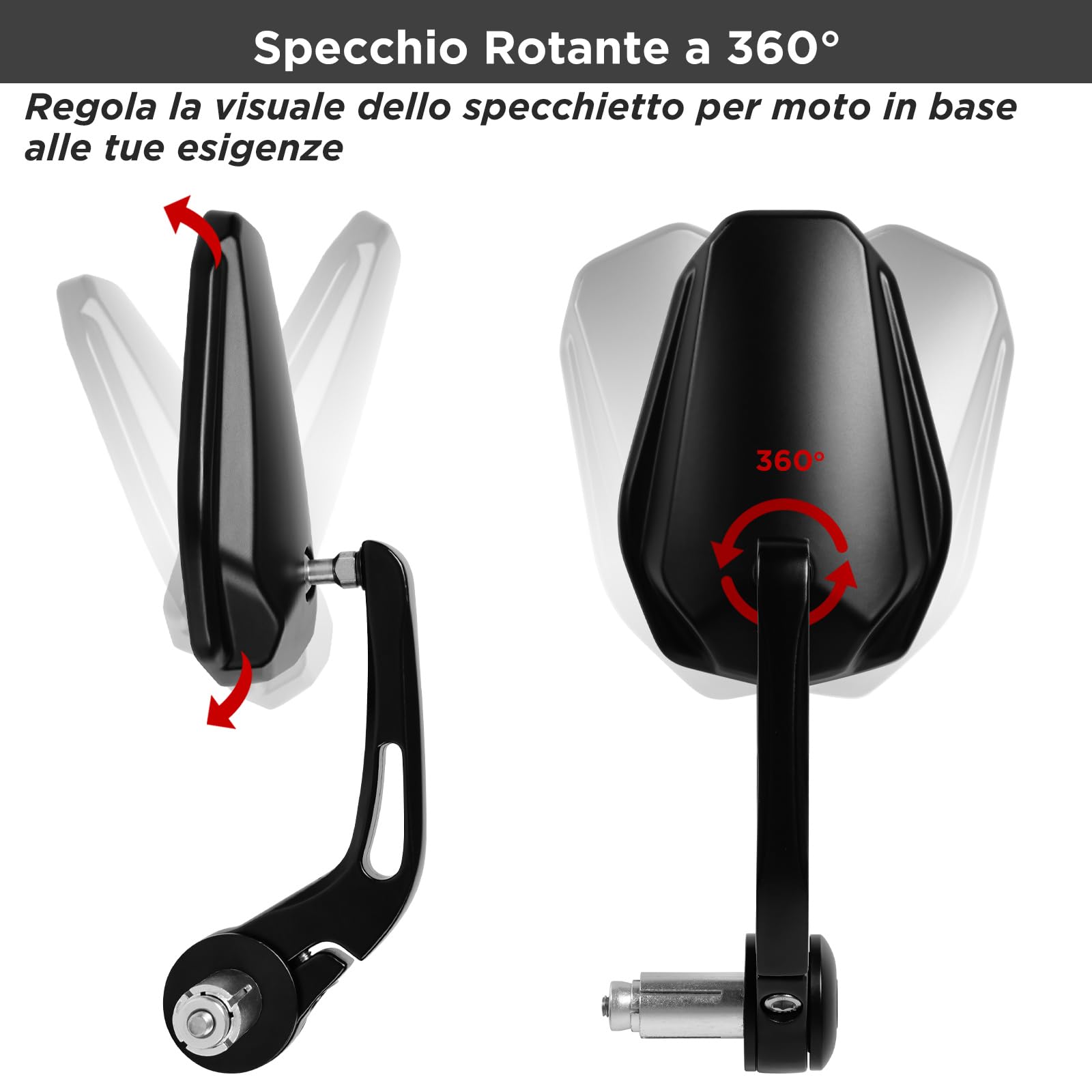 evermotor Universale Specchietto, E24 Specchietto Retrovisore per Moto, Specchietti End Bar, per scooter quad ATV scooter ciclomotore, 2 pezzi