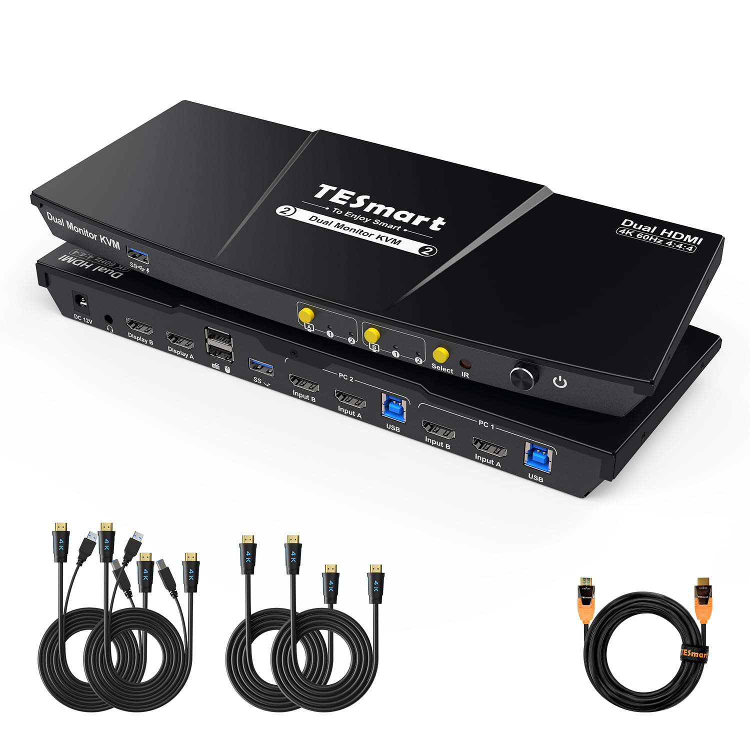 TESmart Pack KVM HDMI 4K@60Hz 2 PC 2 Moniteurs + Câble HDMI 2.1 Fibre Optique 10 m 48 Gbit/s 8K@60Hz HDCP 2.3