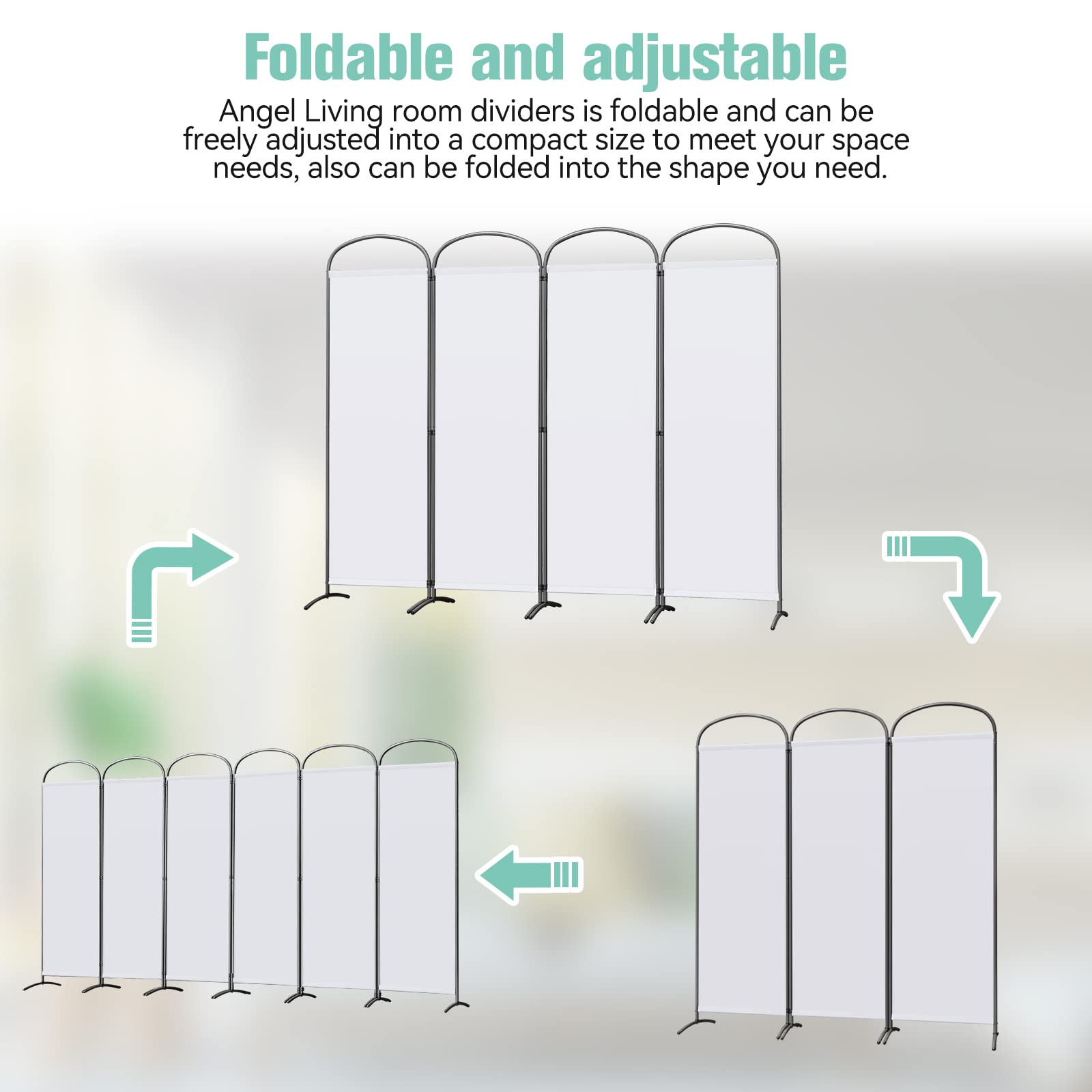Angel Living Biombo Separador de 4 Paneles con el Techo y la Base en la Forma Curv, Decoración Elegante, Separador de Ambientes Plegable, Divisor de Habitación, 224x182 cm (Blanco)
