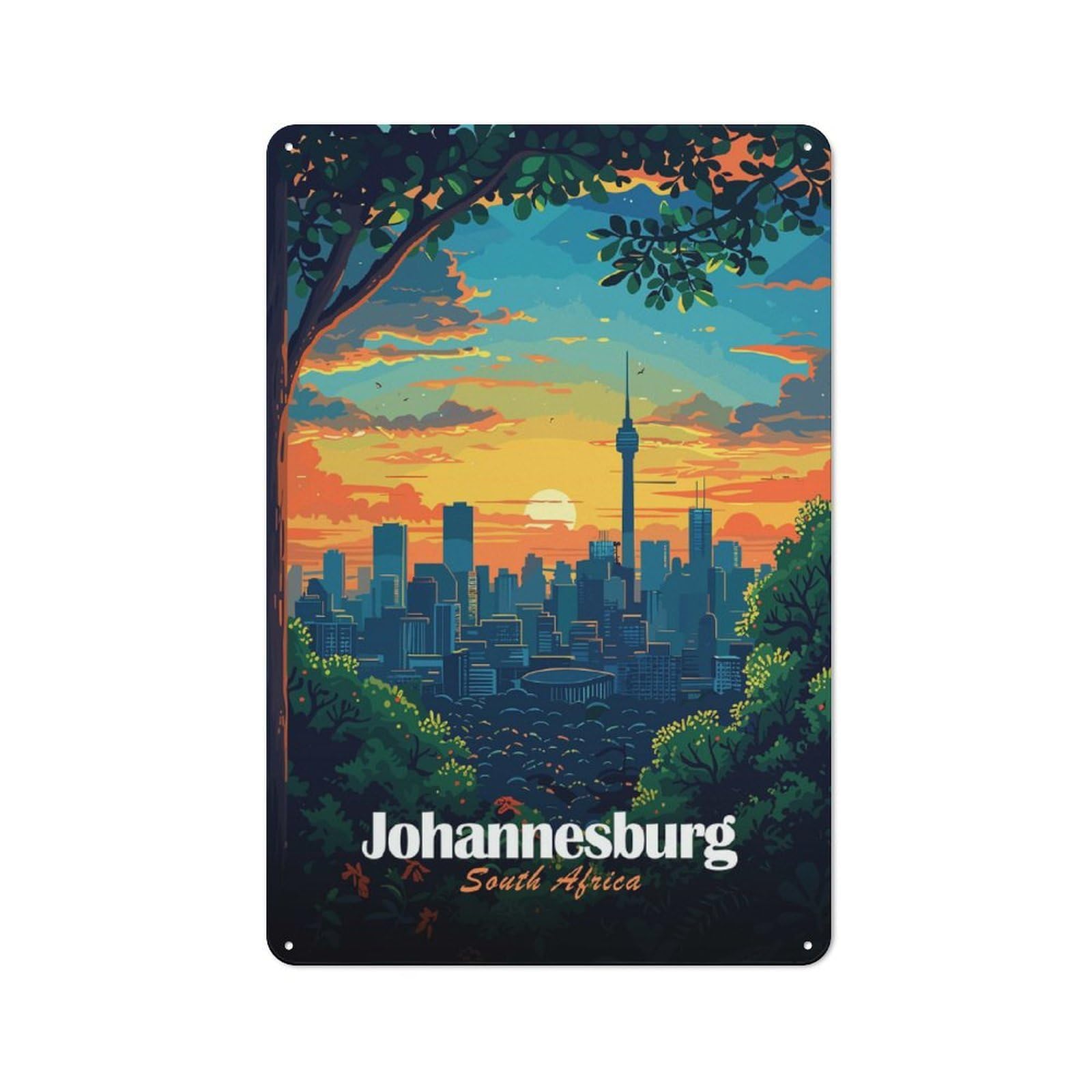 Junmoney Style-22 Johannesburg South Africa Cityscape Illustration Vintage Metal Plaque 30X20cm For Hobby Room Or Studio, For Kitchen, Dining Room And Home Bar Wall Decor
