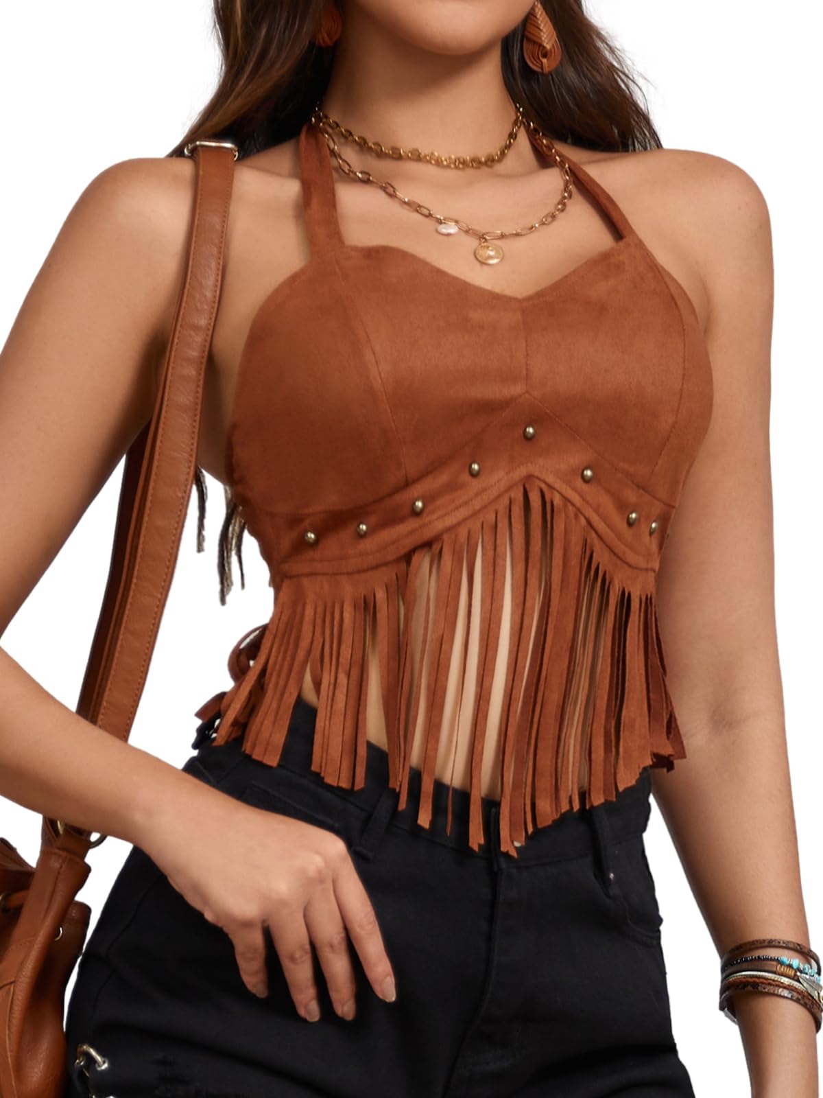 Abito da concerto country da donna, con frange, stile rodeo western, camicia da cowgirl anni '70, top hippie con nappa