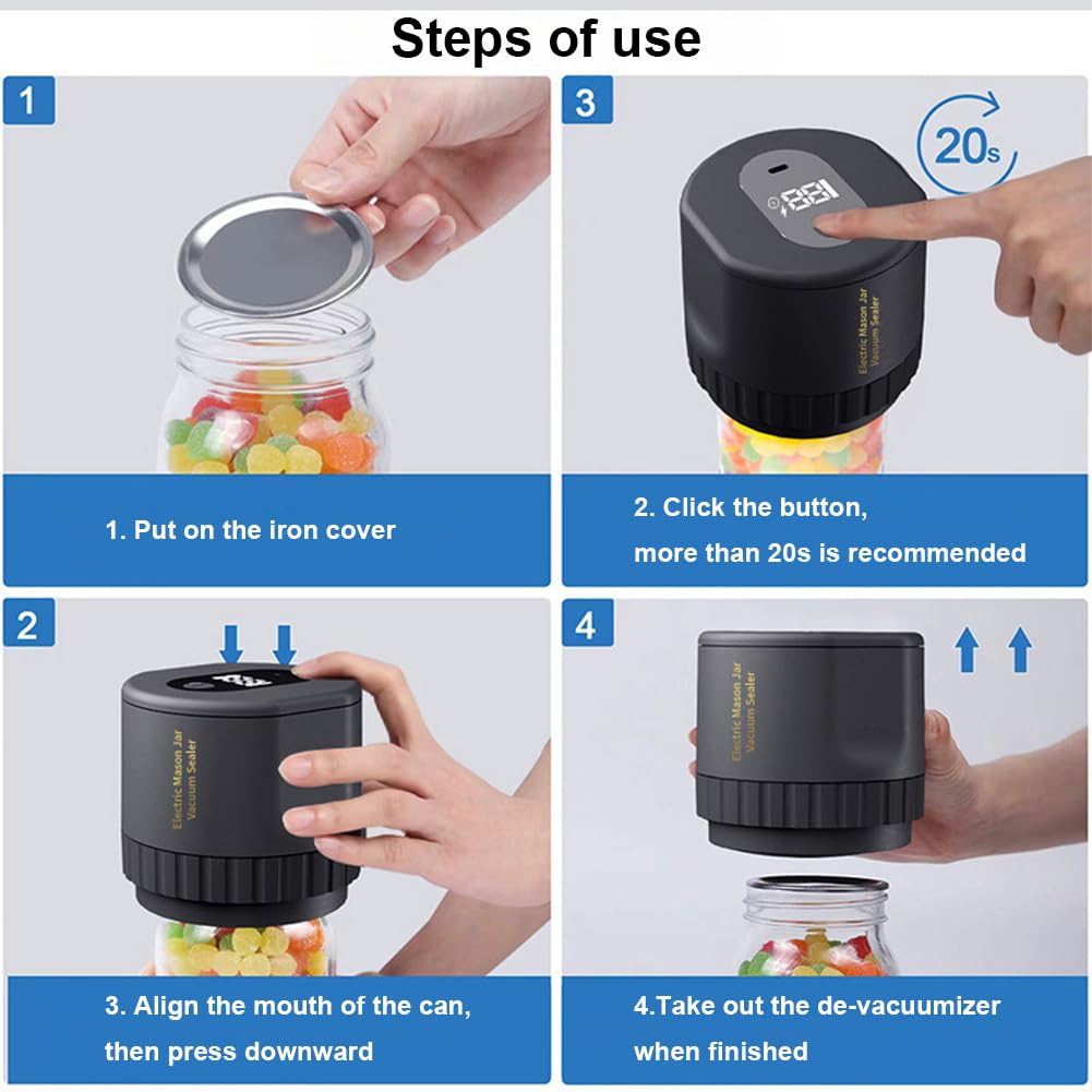 Sellador al Vacío Mason Jar Máquina selladora al vacío de tarros eléctricos, Kit de sellador al vacío inalámbrico for tarros de boca ancha y boca Regular, Kit de bomba de sellado(White 2 Stickers)