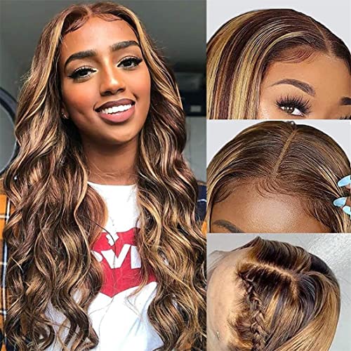Ombre Highlight Lace Front Wigs Human Hair 28 inches Msgem 13×6 Body Wave T Part Lace Front Wigs for Black Women 150% Density Brazilian Body Wave HD Lace Wigs Pre Plucked With Baby Hair 4/27 Color
