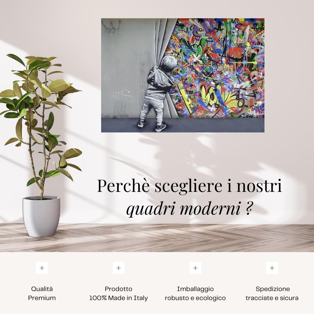 canvashop Quadri Moderni Soggiorno Banksy Bambino Apre il Sipario 50x35 cm Stampe da Parete su Tela Canvas Pronti da appendere Street Art Graffiti