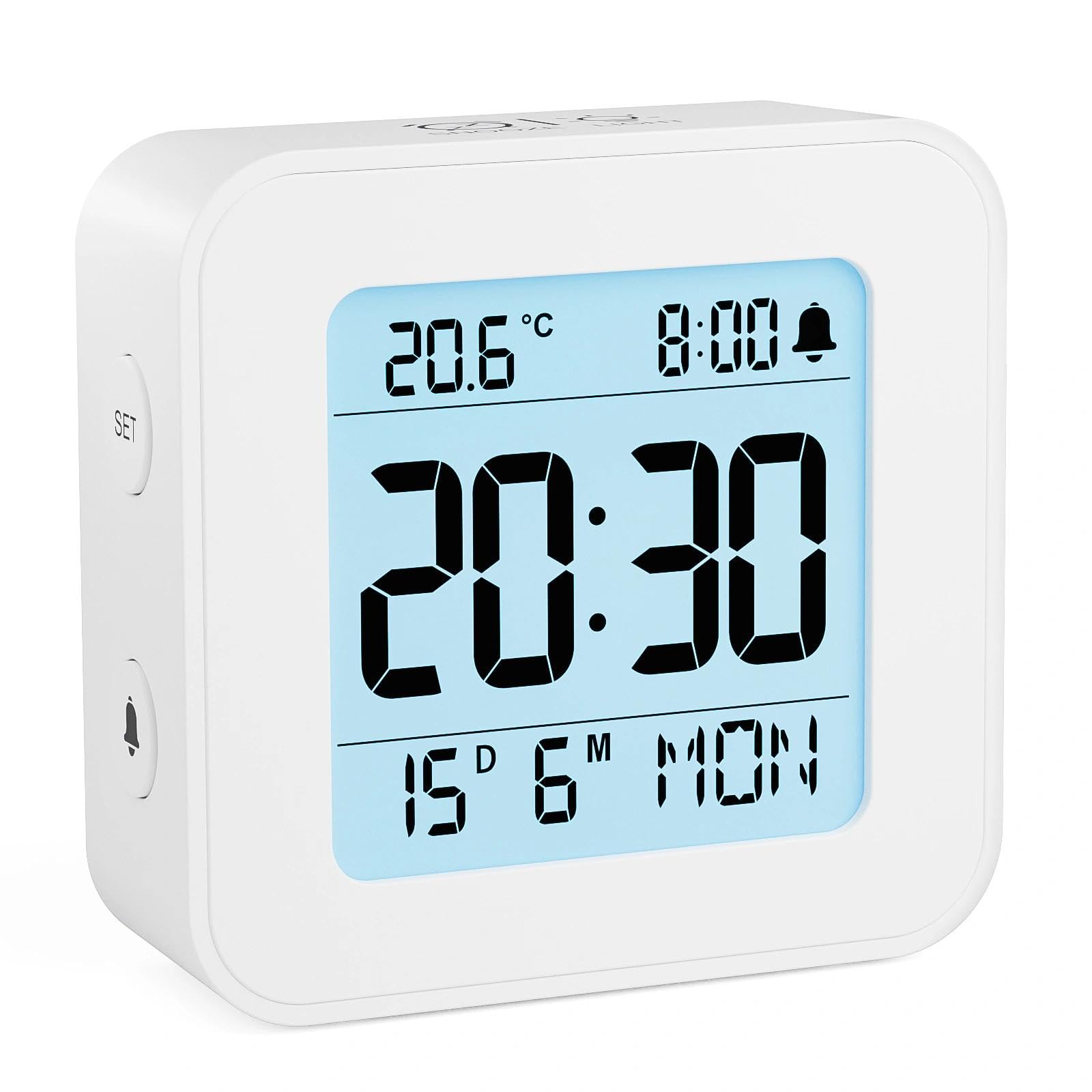 LATEC Alarm Clock Bedside Battery Powered LCD Digital Clock with Date & Day, Snooze, Temperature, 12/24H, Backlight, 3 Volumes, Silent Travel Small Clock for Heavy Sleepers Included Battery