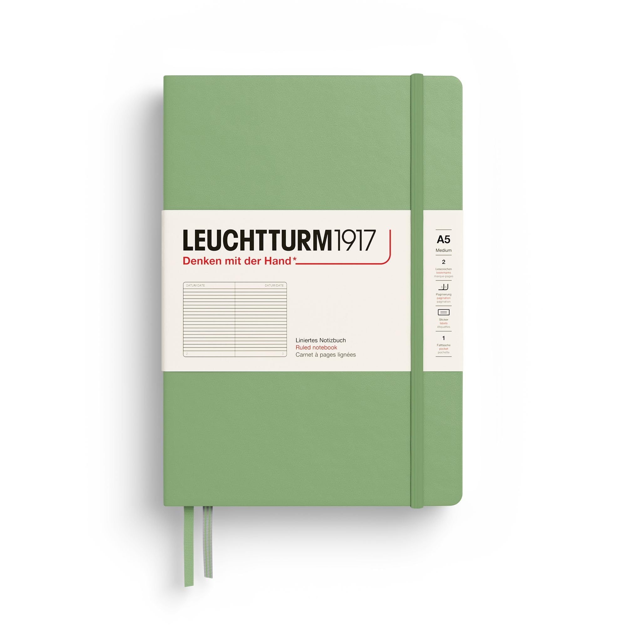 Notebook Hardcover Medium A5-251 Numbered Pages for Writing and Journaling (Sage, Ruled)