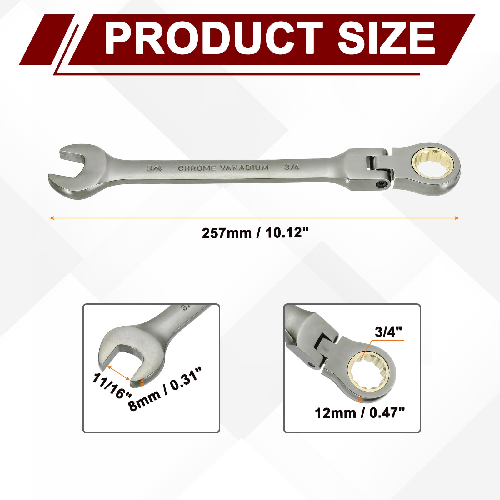 HARFINGTON 3/4" Flex Head Ratcheting Combination Wrench – 72-Tooth, 12-Point Box End, Chrome Vanadium Steel – Auto & Home Repair