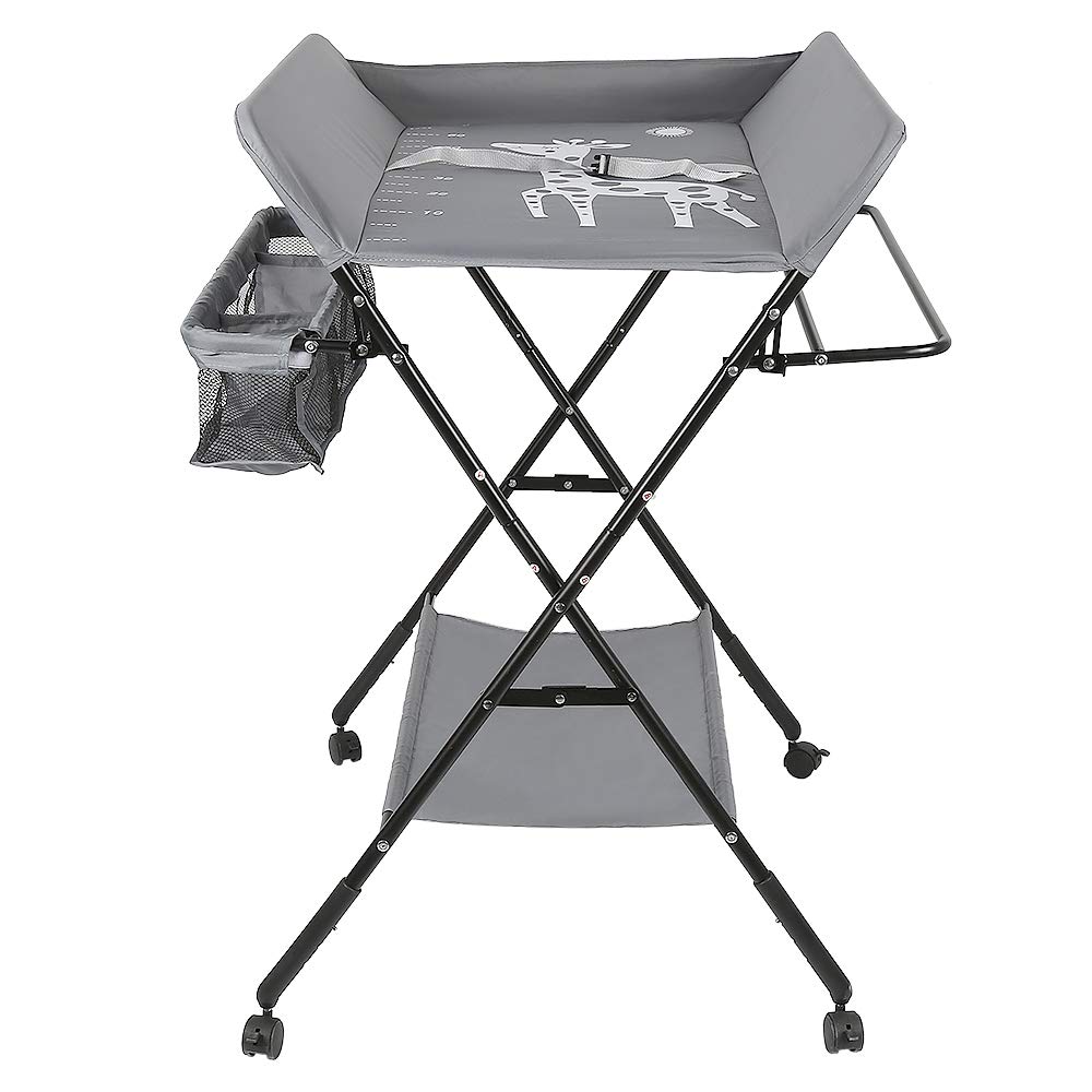 Babyverschoontafel, opvouwbare commode, mobiele commode met aankleedkussen, veiligheidsgordel en opbergvakken (A,74 * 63 * 92-98CM/grijs Babyverschoontafel, opvouwbare commode, mobiele commode met aankleedkussen, veiligheidsgordel en opbergvakken (A,74 * 63 * 92-98CM/grijs