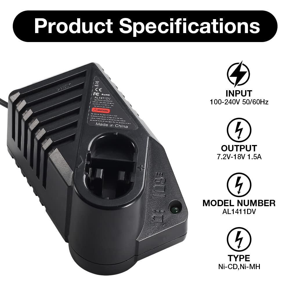 AL1411DV 7.2V~18V 1.5A Ni-CD Ni-MH Cargador de batería para Herramientas eléctricas Taladro eléctrico GSR14.4 GSR12 GSR9.6 GSR7.2 Batería, Compatible con Bosch BAT120 BAT038 BAT048 BAT043 batería