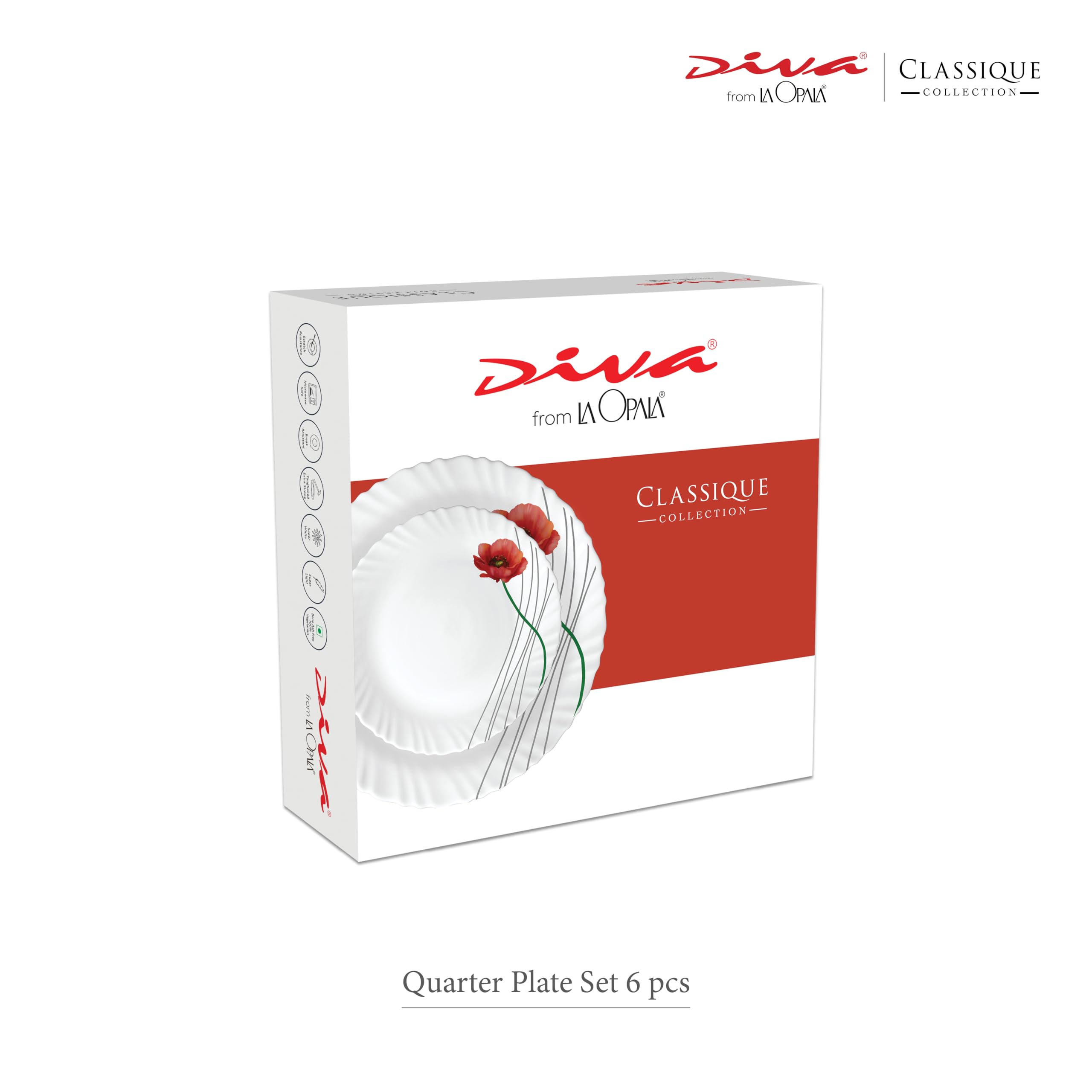 La Opala Diva Classique Collection Opal Glass Crockery | Quarter Plate Set of 6 | Fluted Green Design | for Snacking & Gifting | Microwave Safe | 100% Vegetarian | Extra Strong | Light & White 3
