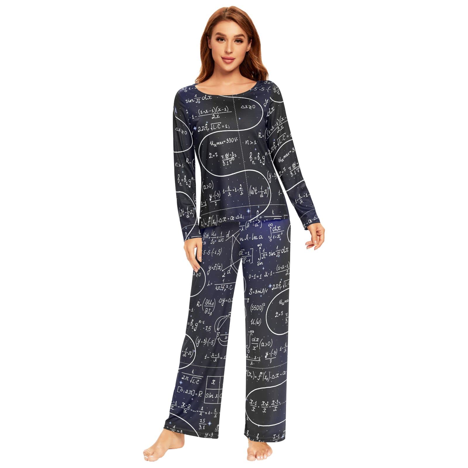 Anantty Womens Pajamas Sets Mathematical Formulas Pj Set Long Sleeve Top Long Pants 2 piece Loungewear Sleepwear Nightwear Multicolor