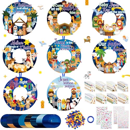 Hollowfly 48 Sets Nativity Crafts Kits Religious Jesus DIY Wreath Signs Hanging Ornaments Make Your Own Nativity Scene Sticker Craft for Holy Night Christian Easter Party Favors Activities