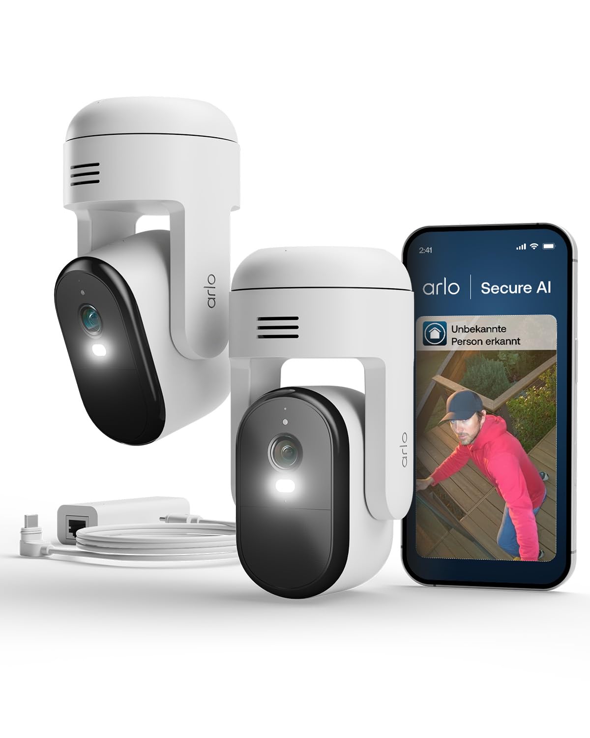 Arlo Essential 3 PTZ 2-Kamera-Set, Überwachungskamera Aussen, PoE Adapter