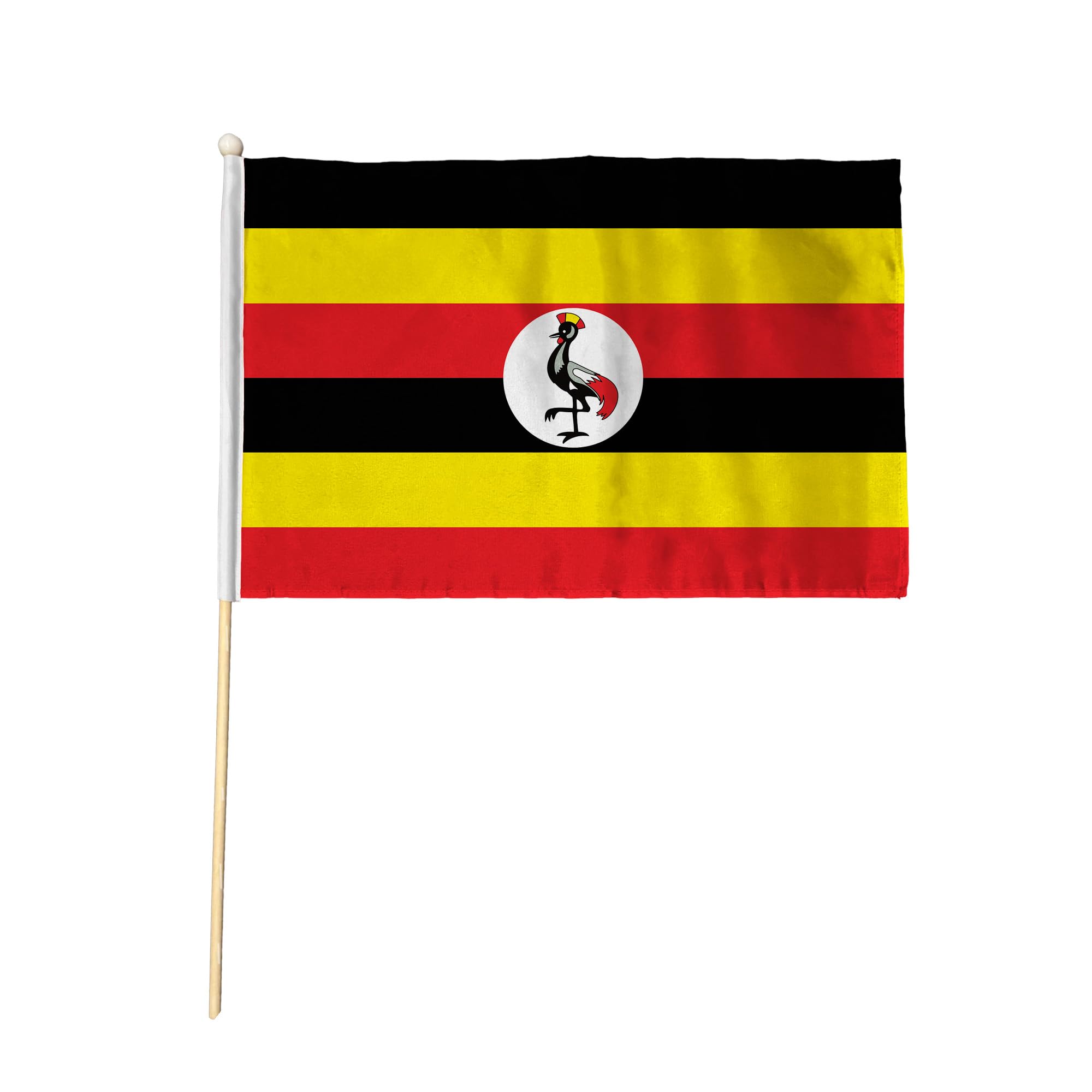 Flagtex Uganda Hand Waving Flag (18x12 Inch Large) - Premium Wooden Stick Hand Flag Big Size Natural Wood Pole Ugandan National Flag Events Celebrations International Sports Cultural