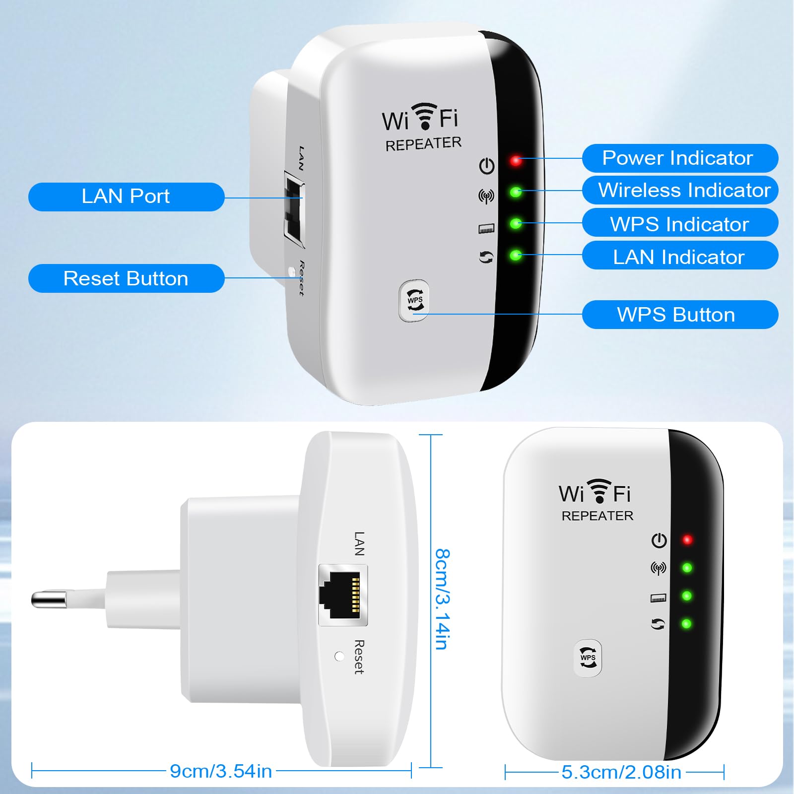 Ripetitore WiFi 2.4 GHz, Wifi Extender 300Mbp/s con 360° Copertura, Ripetitore Wi-Fi Esterno con porta Ethernet e cavo RJ-45 Compatibile con Tutti i Wi-Fi Dispositivi