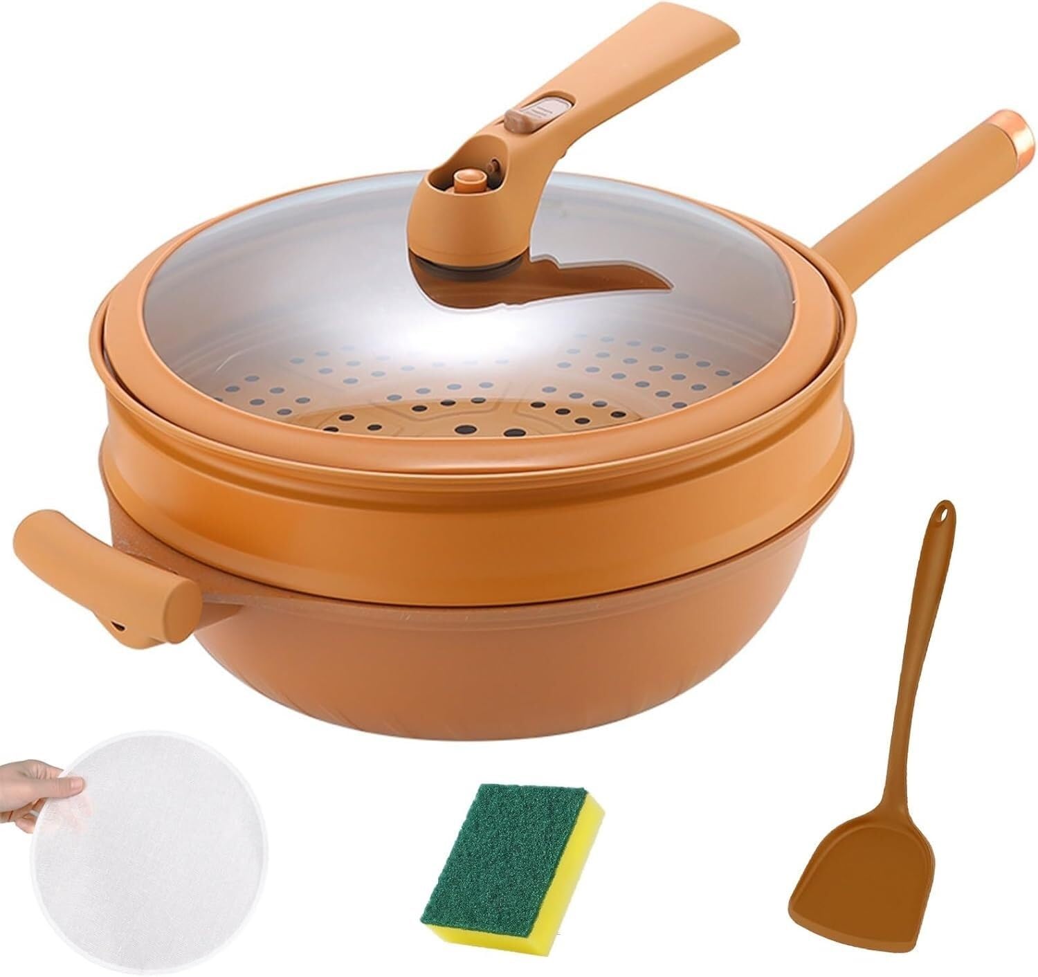 Ceramiczny wok z nieprzywierającą powłoką, szklaną pokrywką i koszykiem do gotowania na parze, 12,6-calowy wielowarstwowy garnek do gotowania, gliniany garnek mikrociśnieniowy ze szpatułką i akcesoria