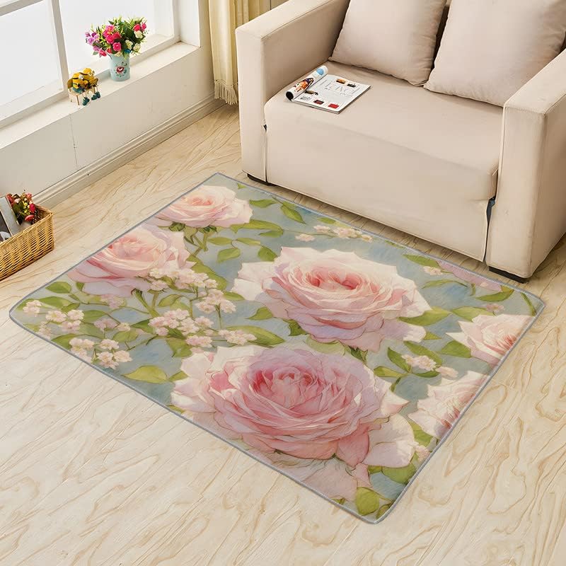 Miniatura 4 de Alfombra rosa para decoración del hogar, alfombra floral rosa para sala de estar, dormitorio, alfombra de área floral de 3 x 4, lavable,