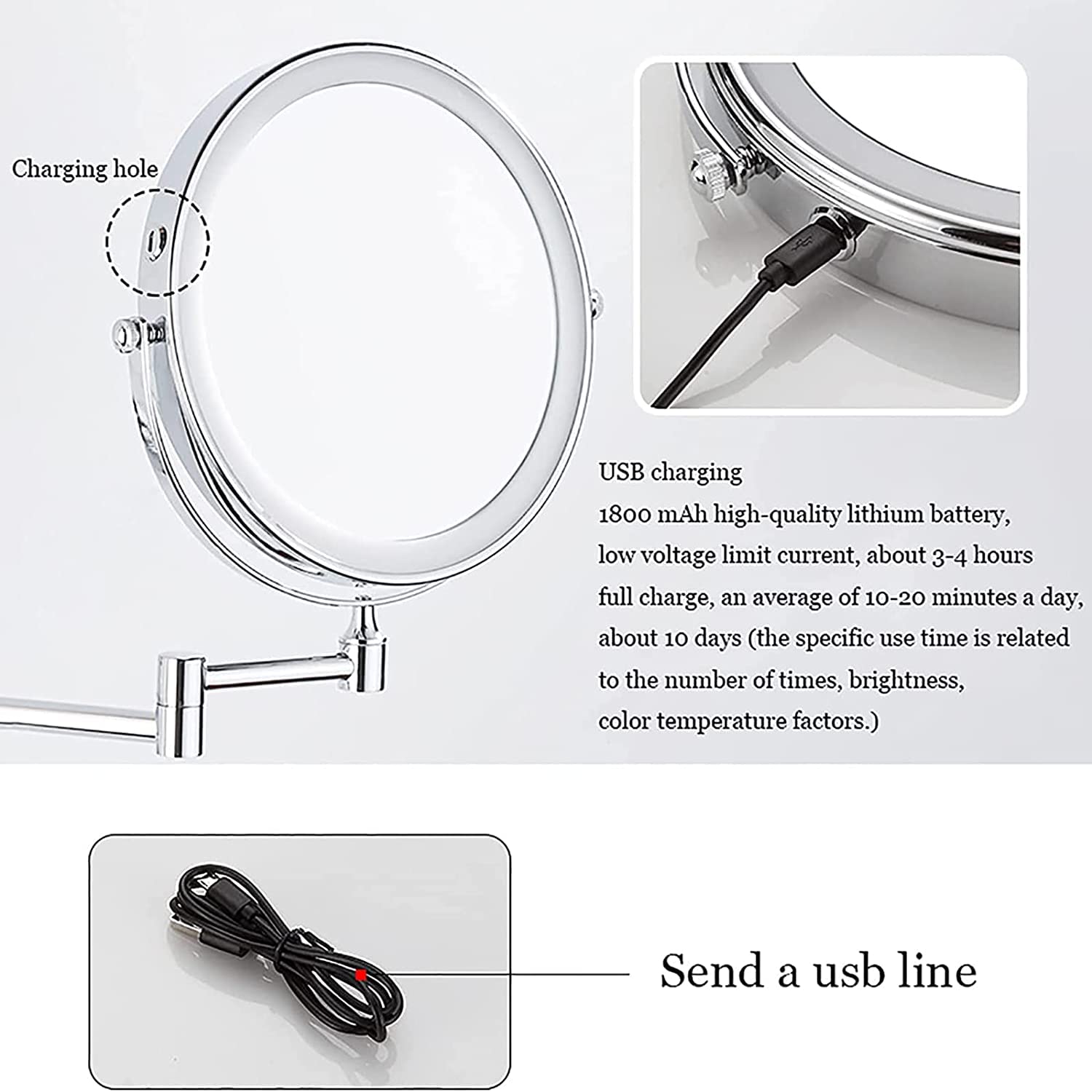 Specchio for Il Trucco a LED con Interruttore dimmer Touch Screen, Specchio cosmetico ingranditore Estensibile a Parete da 8 Pollici a Doppia Faccia,Silver,3X(Schwarz,3X)