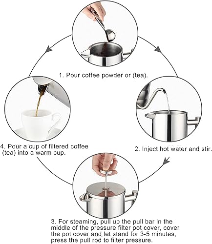 Miniatura 3 de Percoladora de café, 8.5 x 6.8 x 4.1 pulgadas, 33.8 fl oz, olla de café estable en forma de U sin goteo, hervidor de acero inoxidable de doble capa