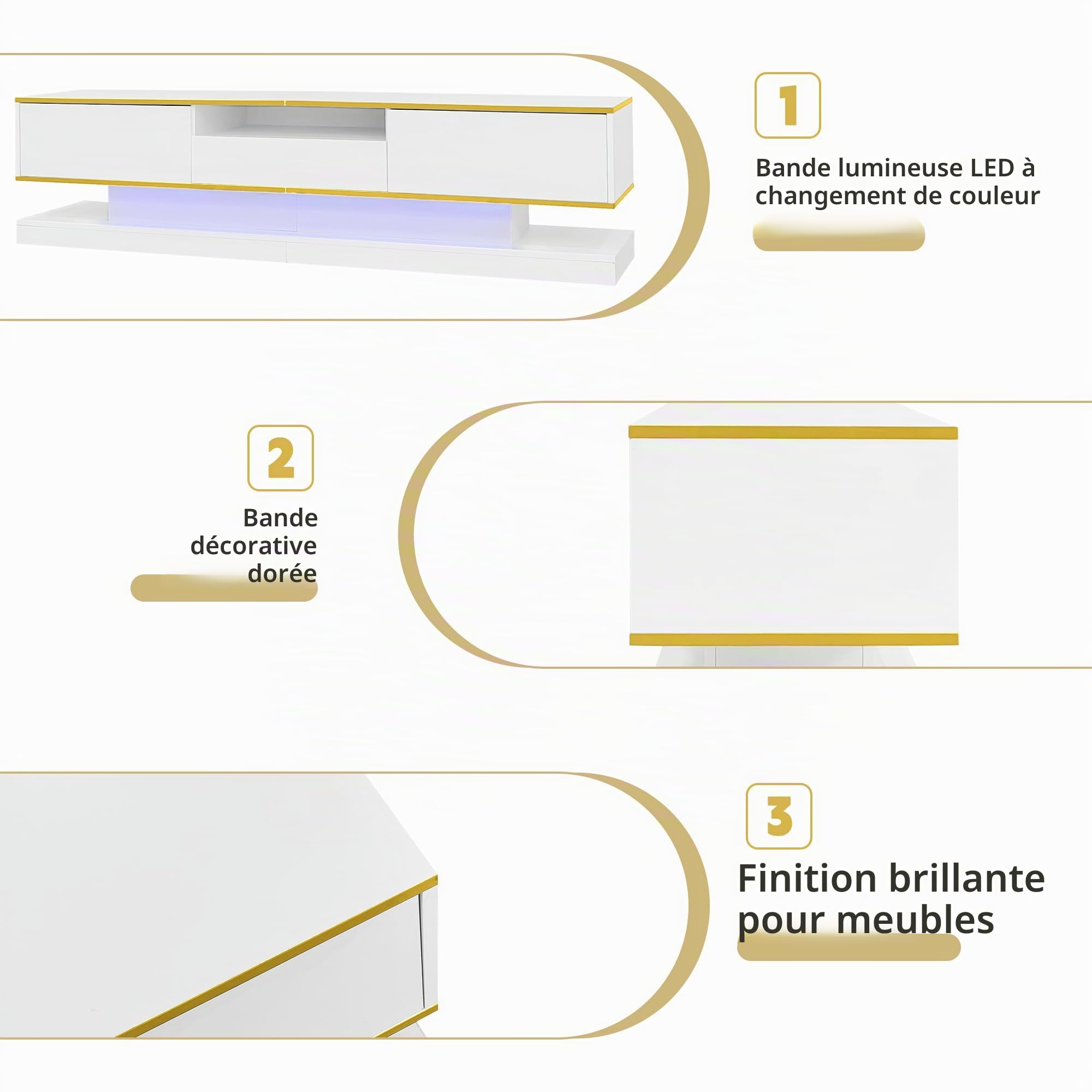 Meuble TV 180 cm de Long avec 3 tiroirs 1 Compartiment Ouvert - Brillant avec lumières LED lowboard pour Salon Salle à Manger Meuble Bas Table Blanc