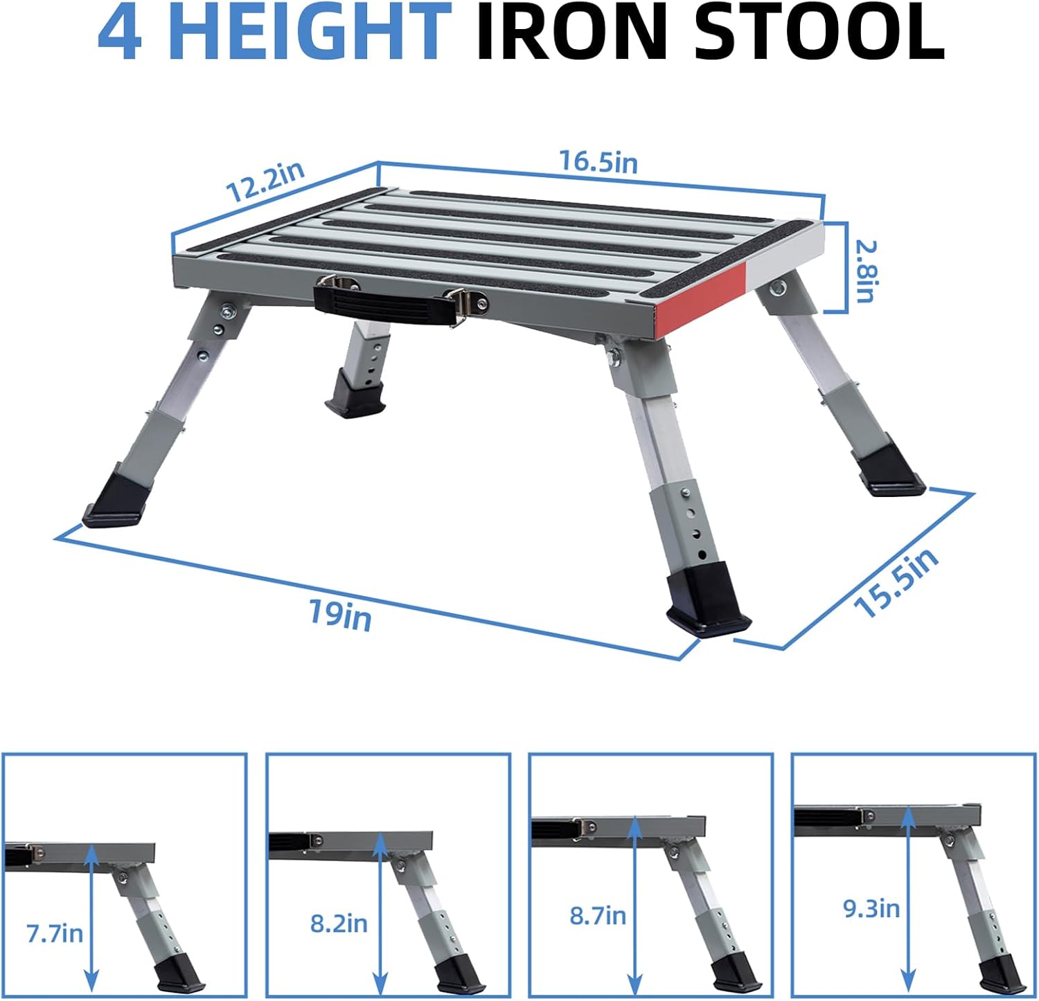 Homeon Wheels RV Step Stool, Adjustable Height Folding Iron Platform with Non-Slip Rubber Feet, Anti-Slip Stripe and Handle, Supports Up to 1000 lbs, 16.5" x 12.2", for Trailer, Truck, Outdoor Use