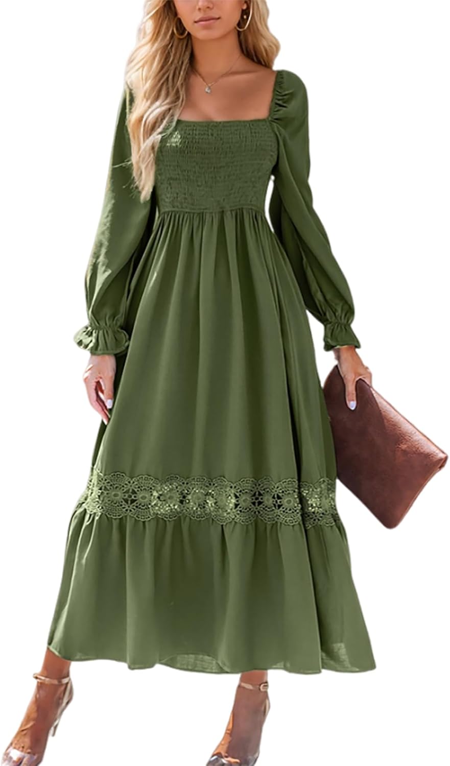 CUPSHE Womens Fall Dresses 2025 Square Neck Smocked Long Sleeve Ruffled Lace Long Formal A Line Maxi Wedding Guest Dress