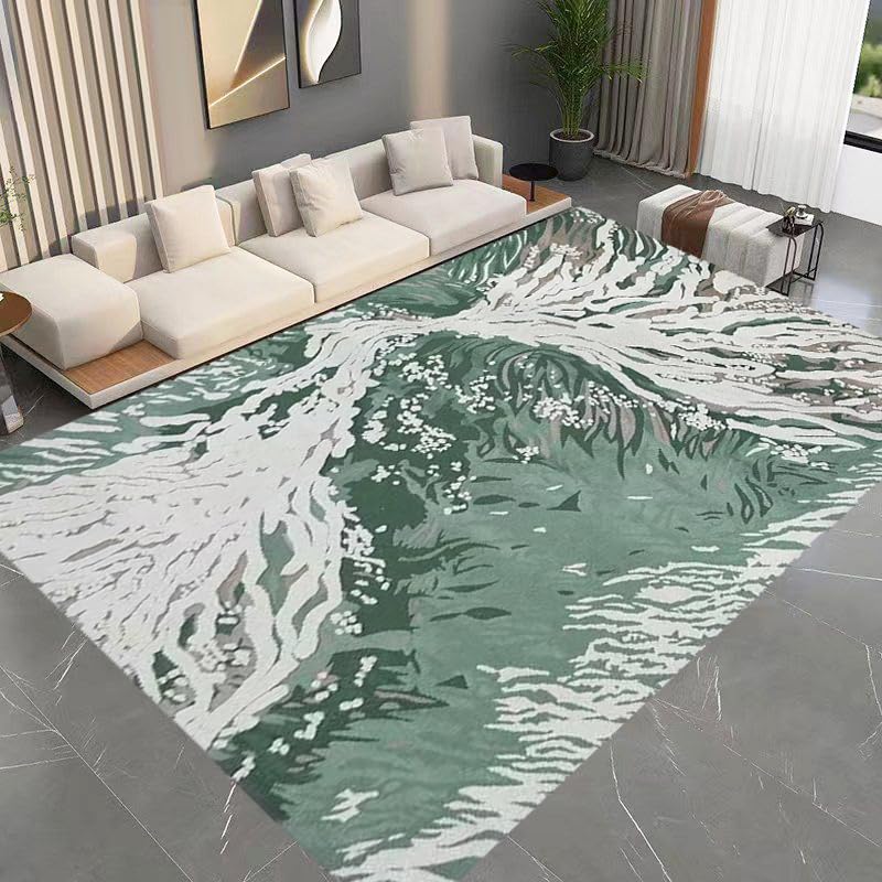 Tapis abstrait moderne antidérapant à poils courts lavable et stable fleurs gris vert