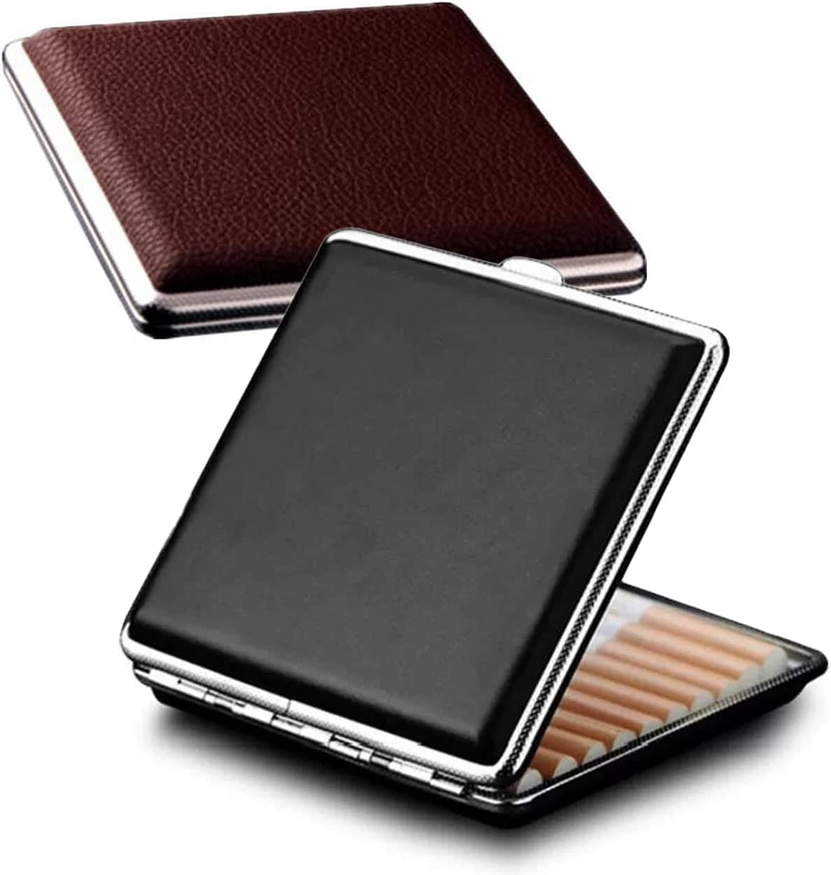 Cigarette Case Stylish Leather Surface Metal Box for 20 Cigarettes Cigarette Box for Men and Women Ideal Gift for Smoker 2 Boxes 84mm Regular Size(Black + Brown)