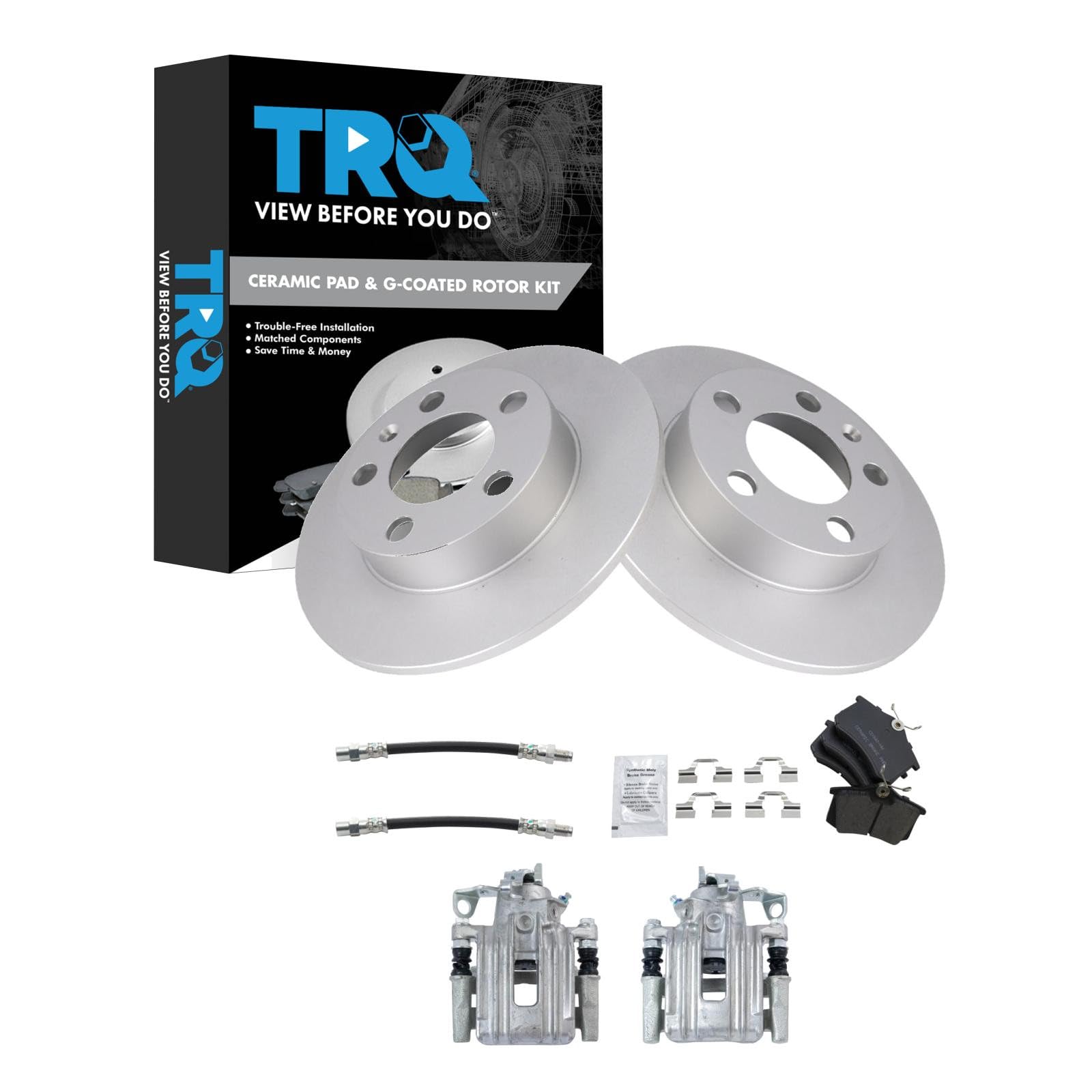 TRQ Rear Brake Pad and Rotor Set Ceramic G Coated Rotors Calipers Compatible with 1999 Volkswagen Jetta