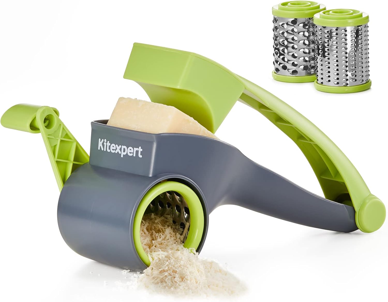 KITEXPERT Rallador de queso con asa, rallador de queso parmesano con 2 tambores de acero inoxidable, ralladores de queso rotativos de mano para